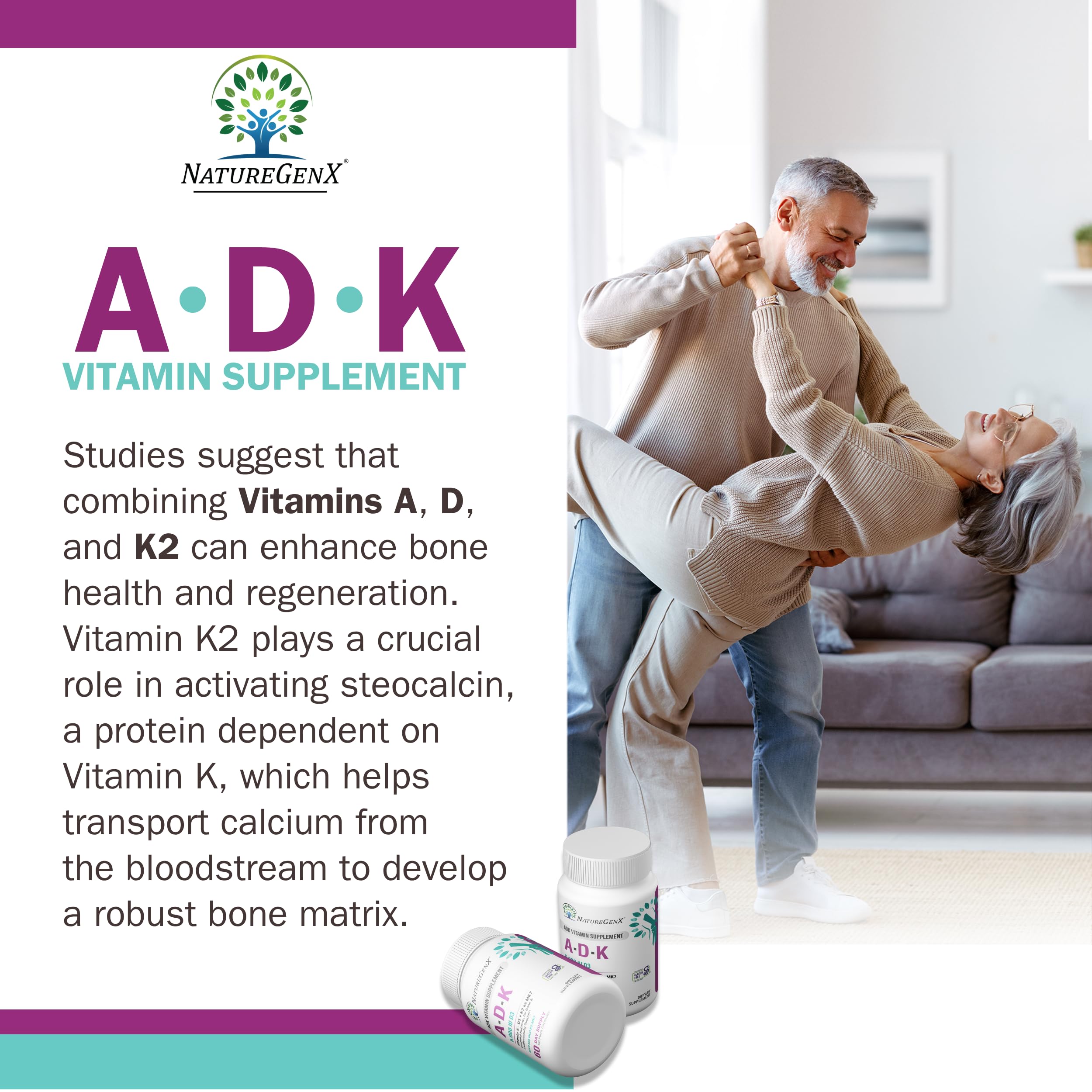 Etiqueta NatureGenX ADK: información clara sobre Vitamina A, D3 y K2.