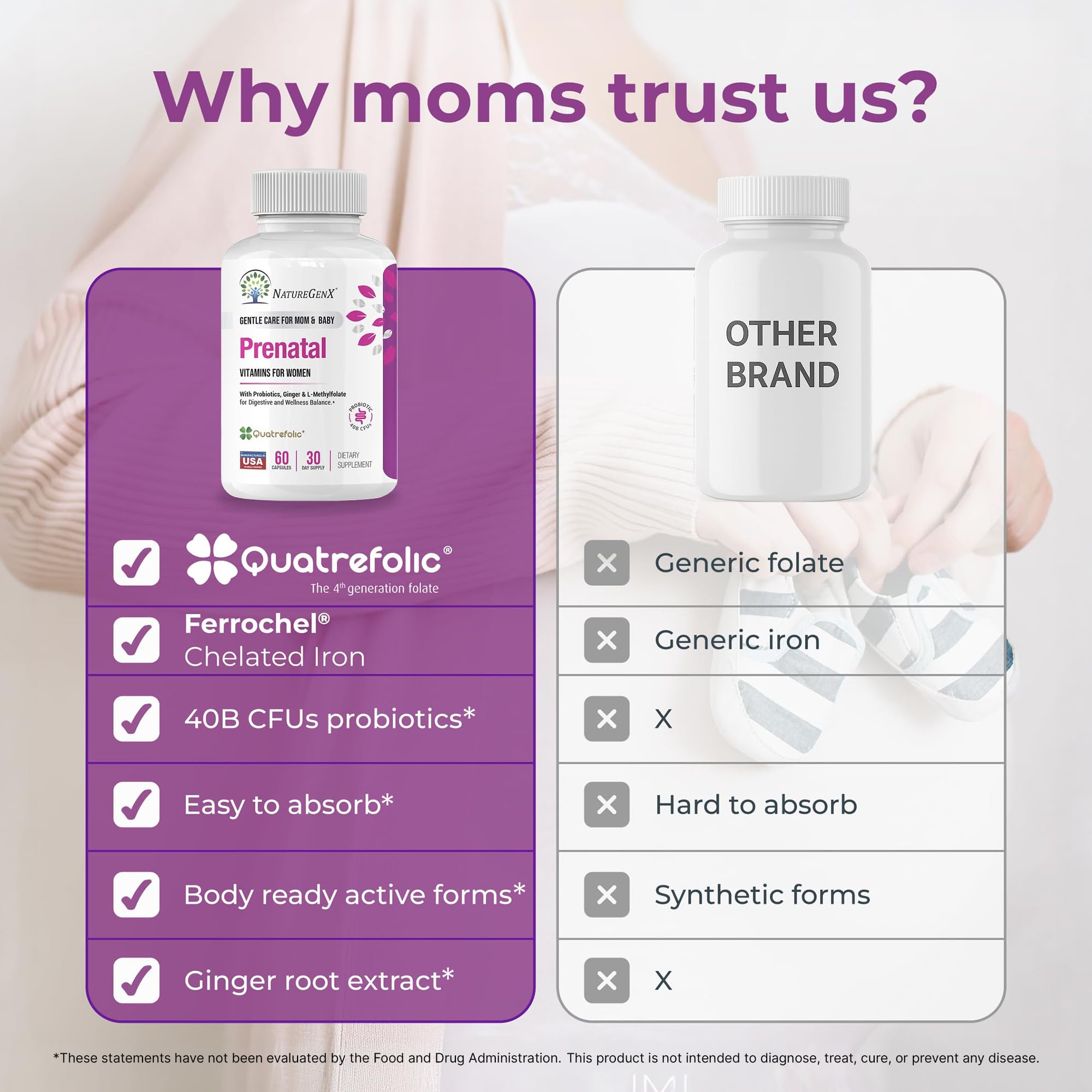 NatureGenX Methyl Prenatal etiqueta de ingredientes clara, destacando nutrientes esenciales para mamá.