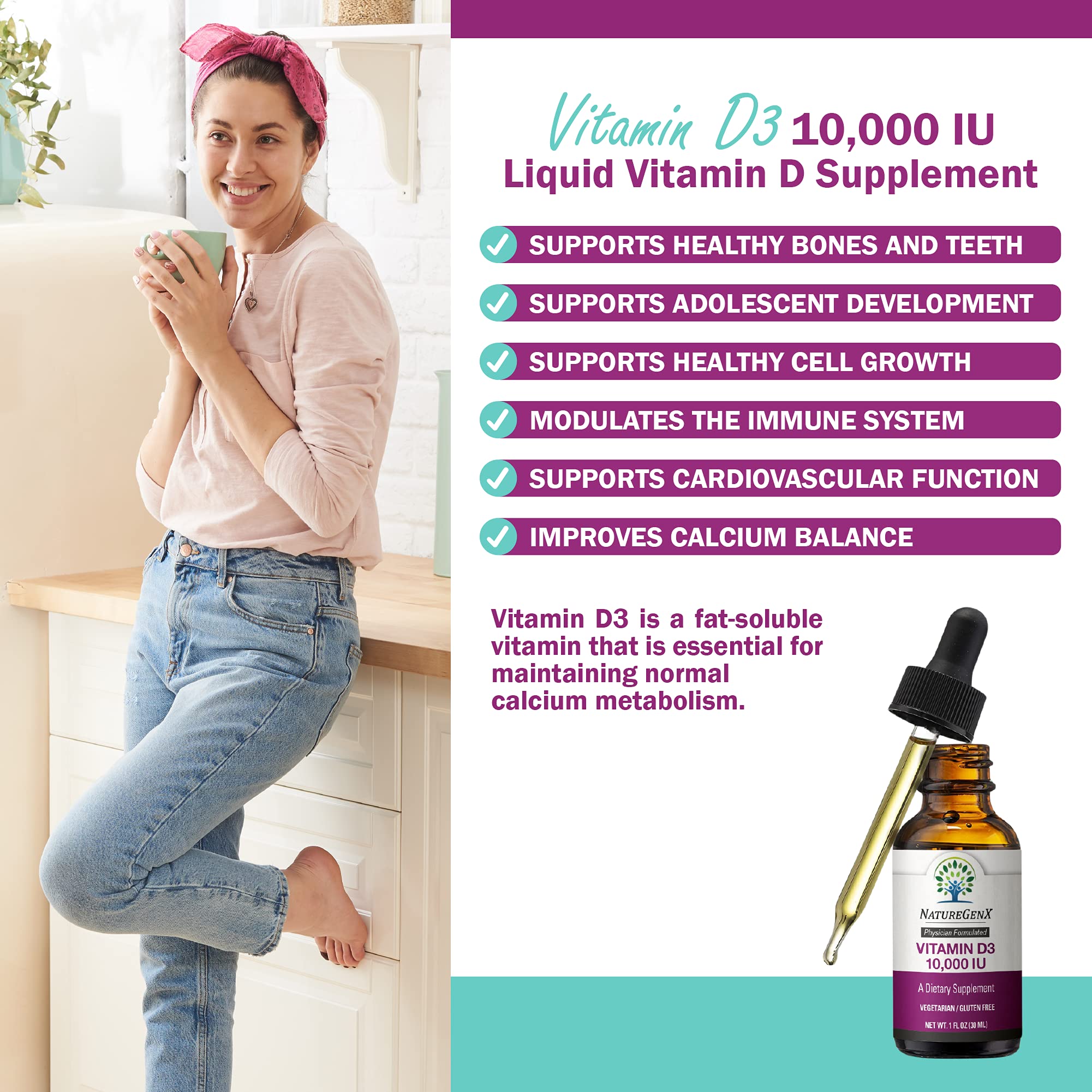 Etiqueta clara NatureGenX Vitamina D líquida para identificar dosis
