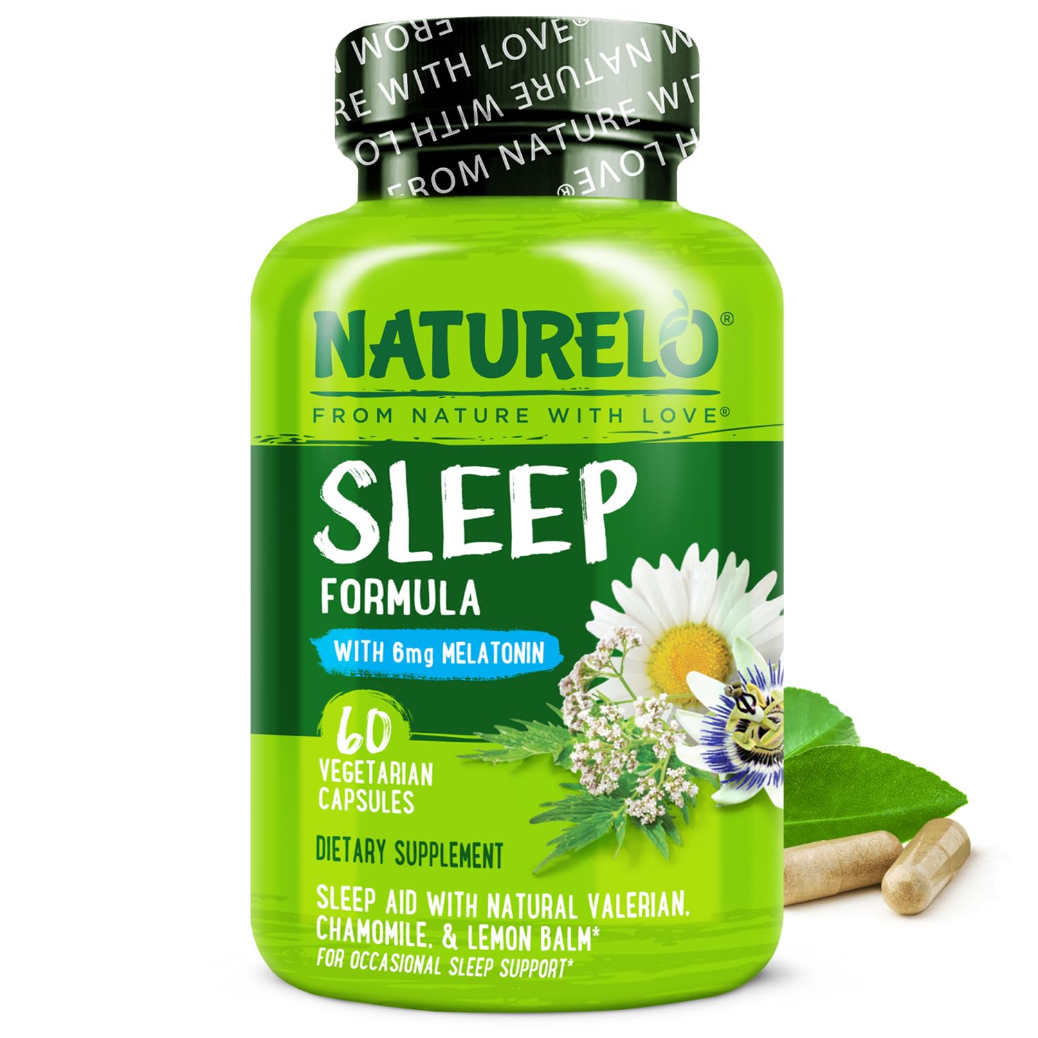 Naturelo ayuda para dormir frasco visto de cerca, fórmula natural relajante