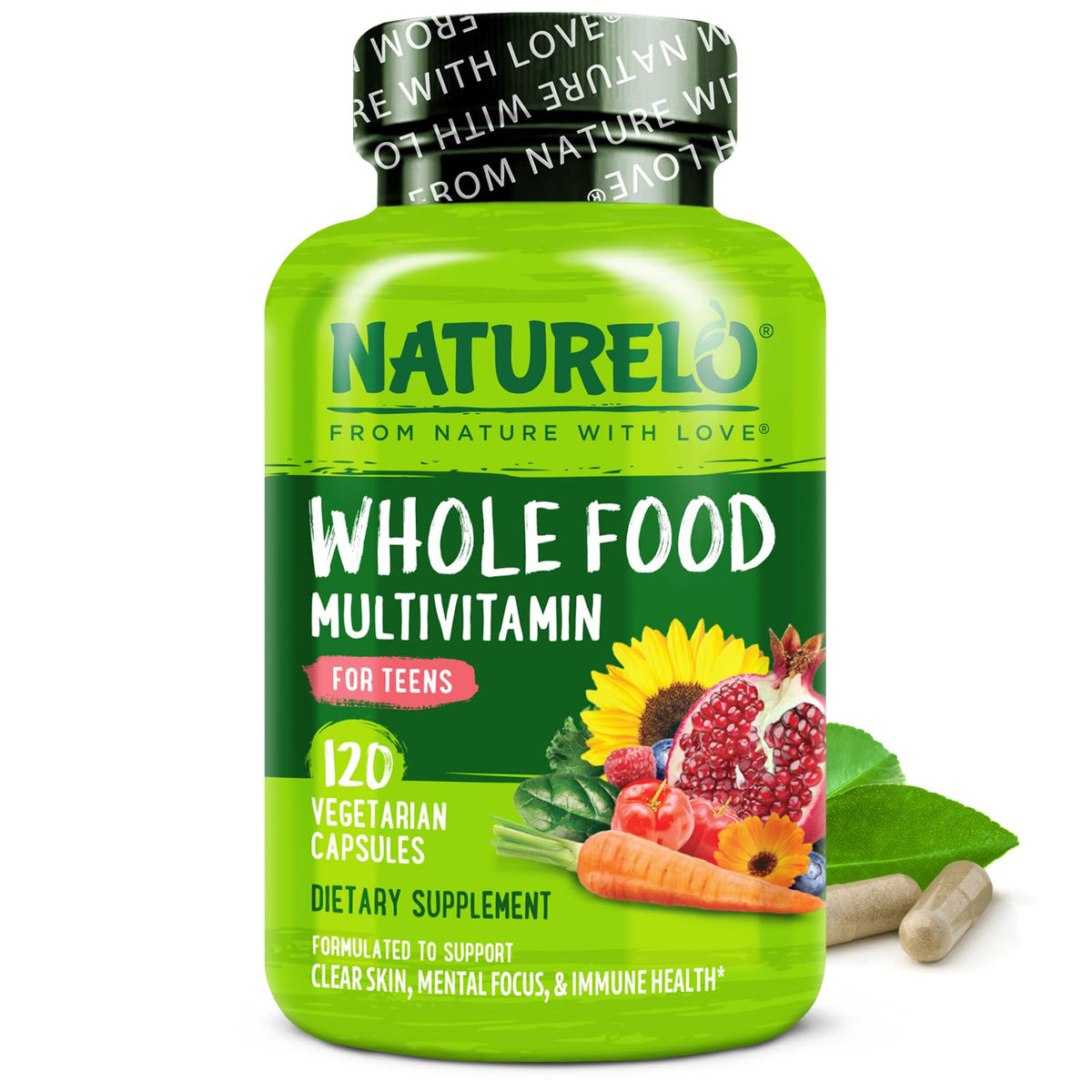 NATURELO botellas de cápsulas para adolescentes, apoyo a crecimiento y desarrollo saludable.