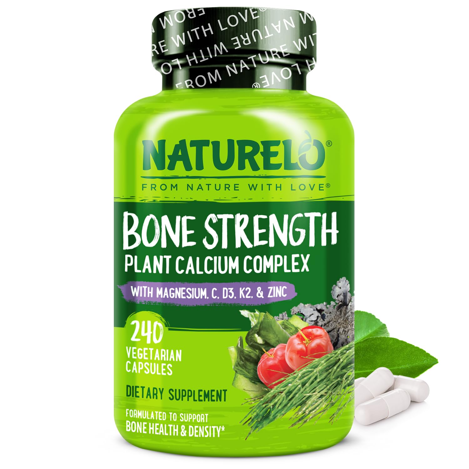 NATURELO Calcio con D3 y K2, etiqueta visible, apoyo potencial para la salud ósea.