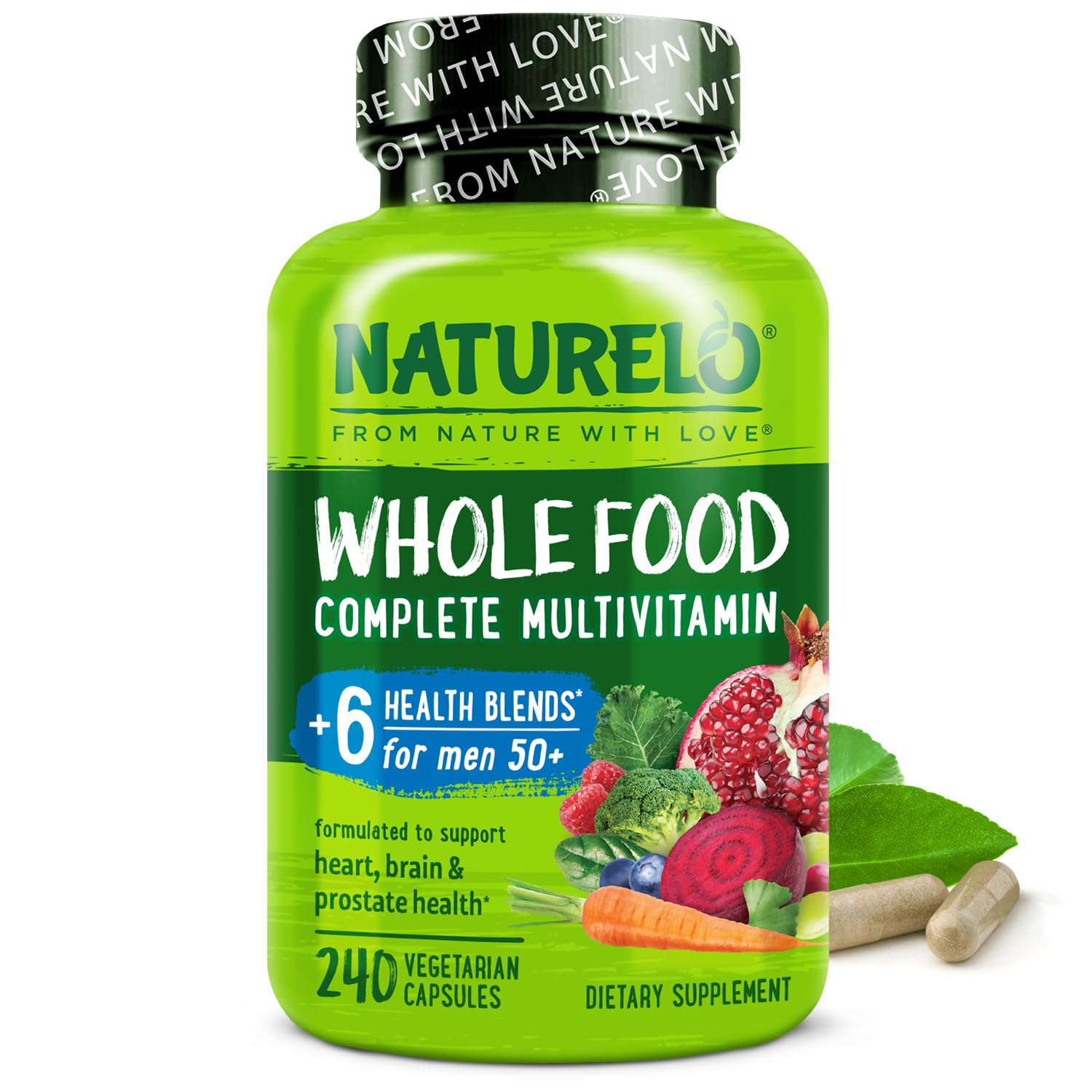 NATURELO cápsulas de alimentos reales para hombres 50+, energía diaria gracias a nutrientes vegetales.