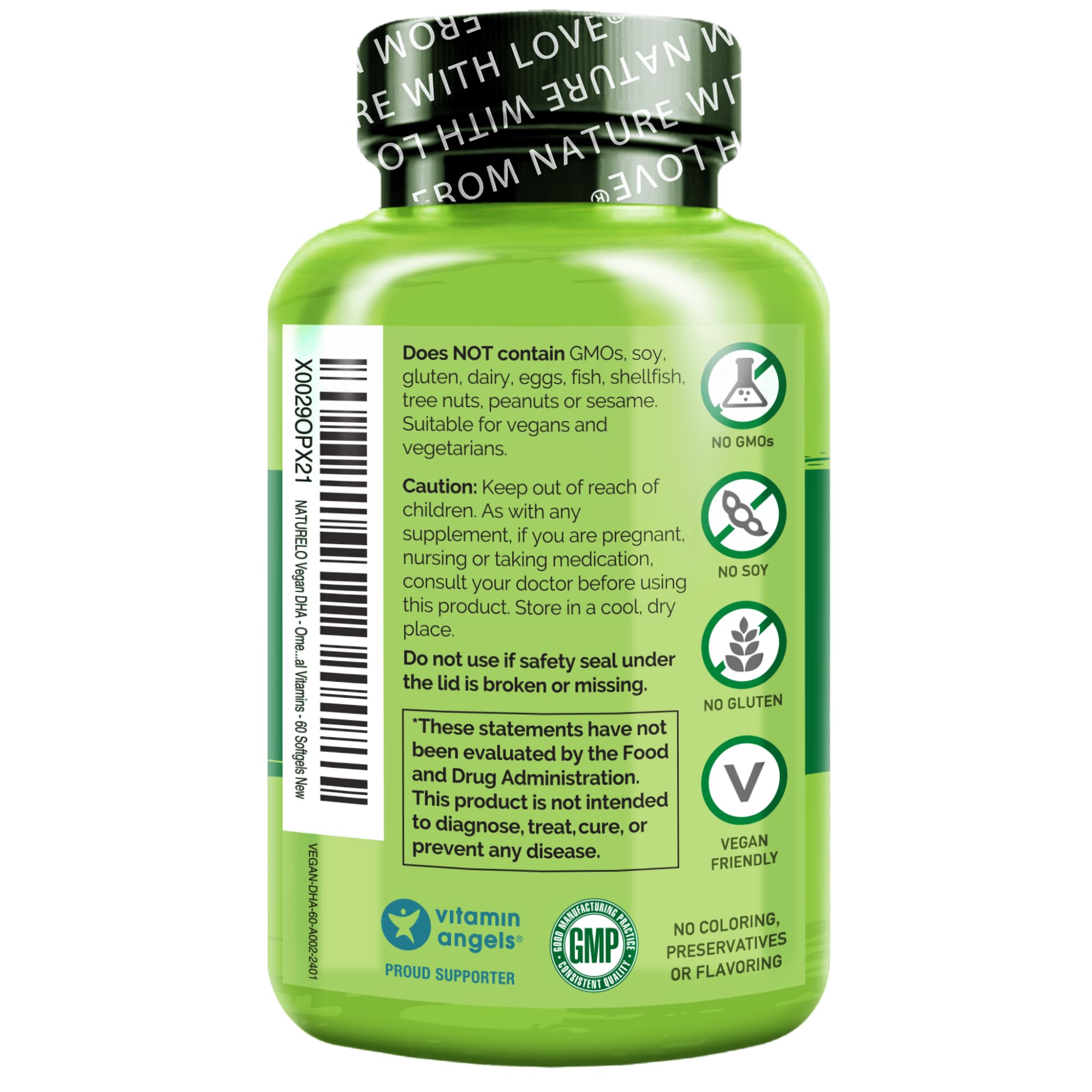 Naturelo DHA vegano, cápsulas blandas, apoyo a mente y visión.