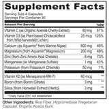 Naturelo etiqueta muestra vitaminas clave para densidad ósea saludable.