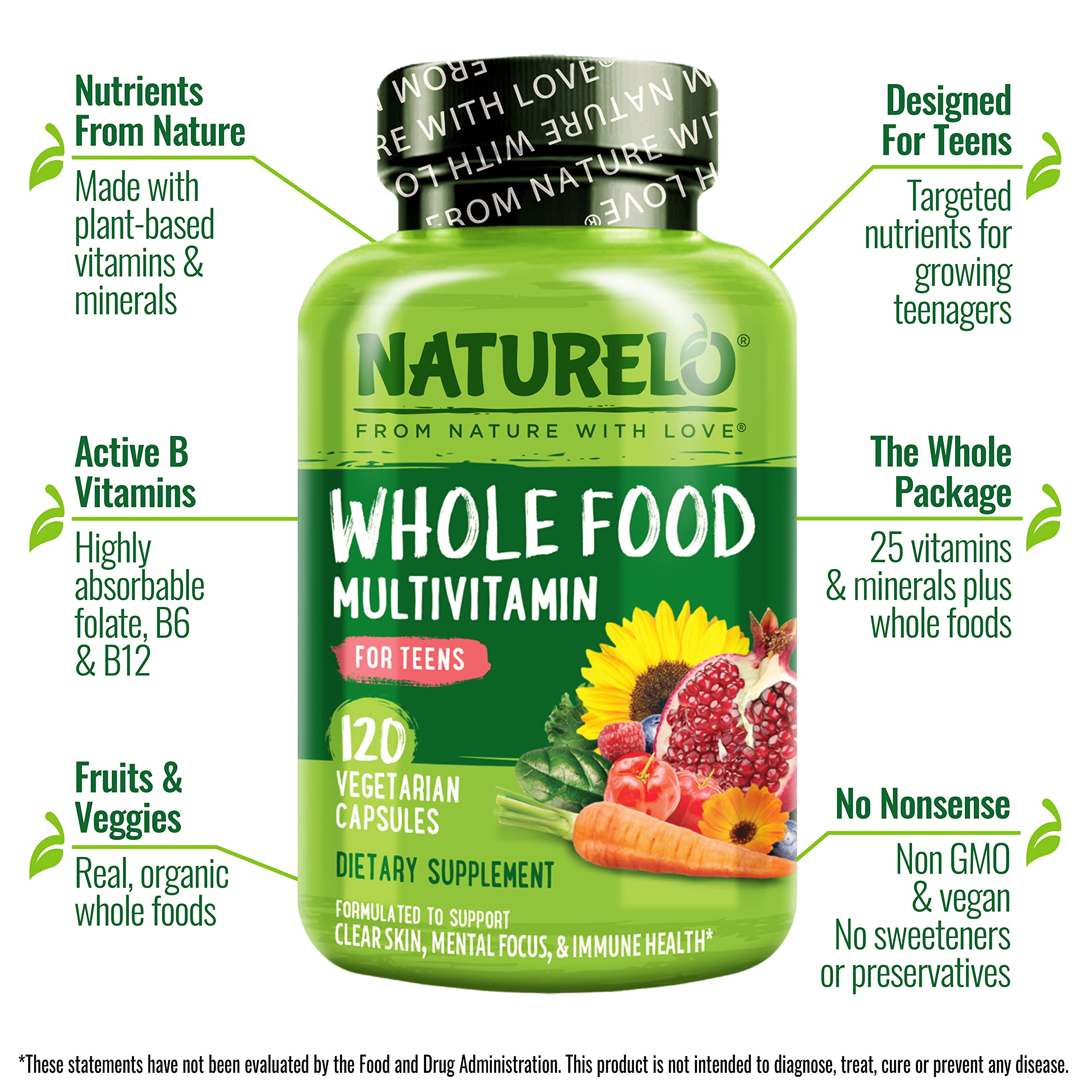 NATURELO etiqueta de ingredientes para adolescentes, destacan vitaminas vegetales y minerales biodisponibles.