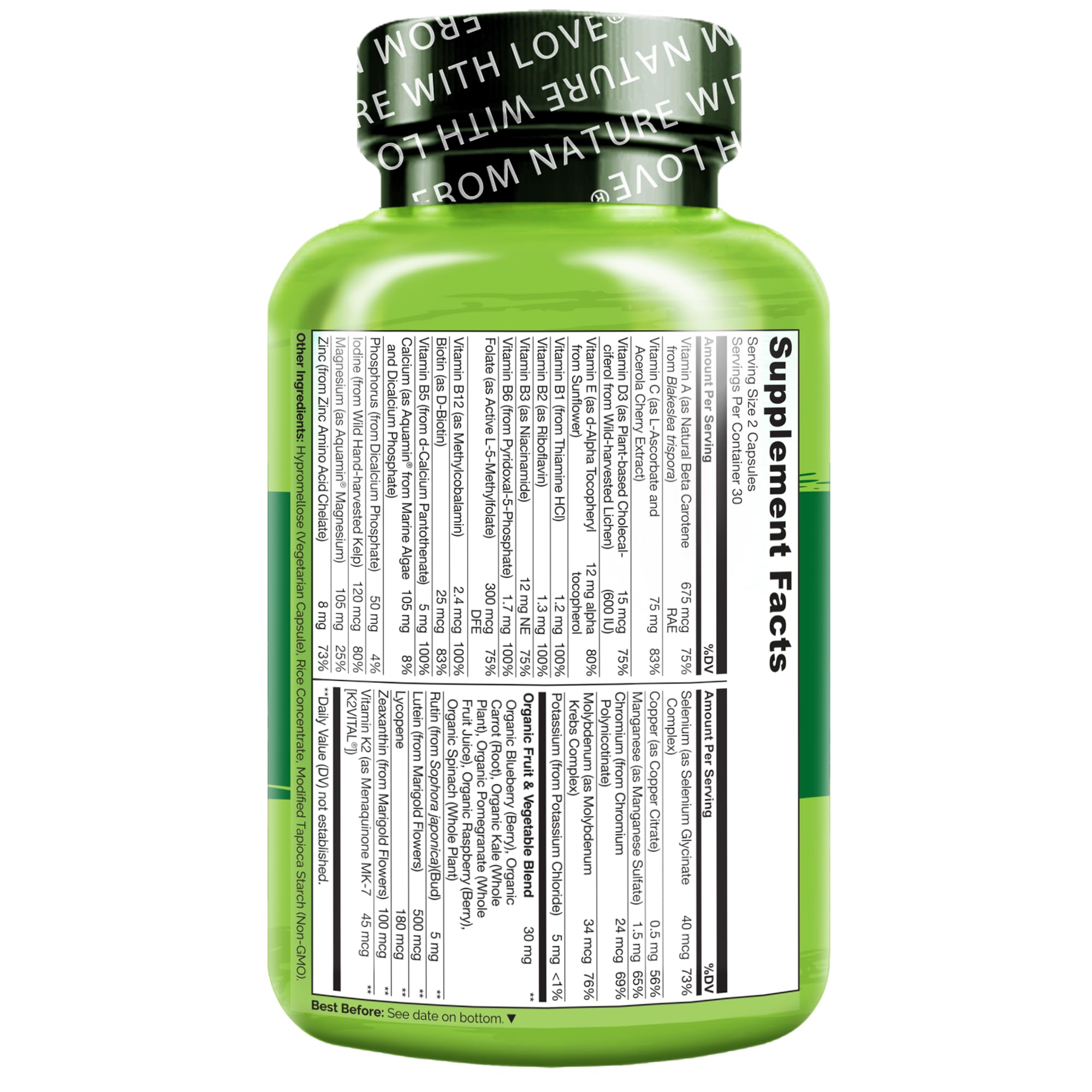 Etiqueta sin OGM y apta para dietas veganas de NATURELO Teen Multivitamin.