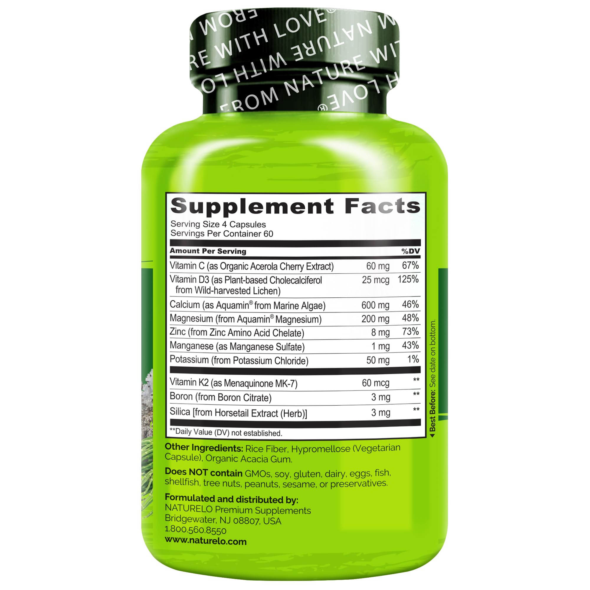 NATURELO Fórmula sin organismos modificados, etiqueta clara de ingredientes vegetales.
