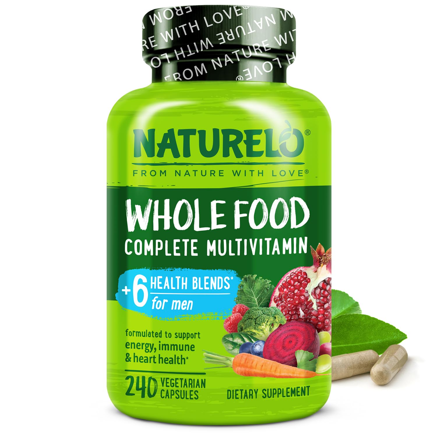 Naturelo Mens Multivitaminas: cápsulas en frasco para apoyo diario de energía y bienestar.
