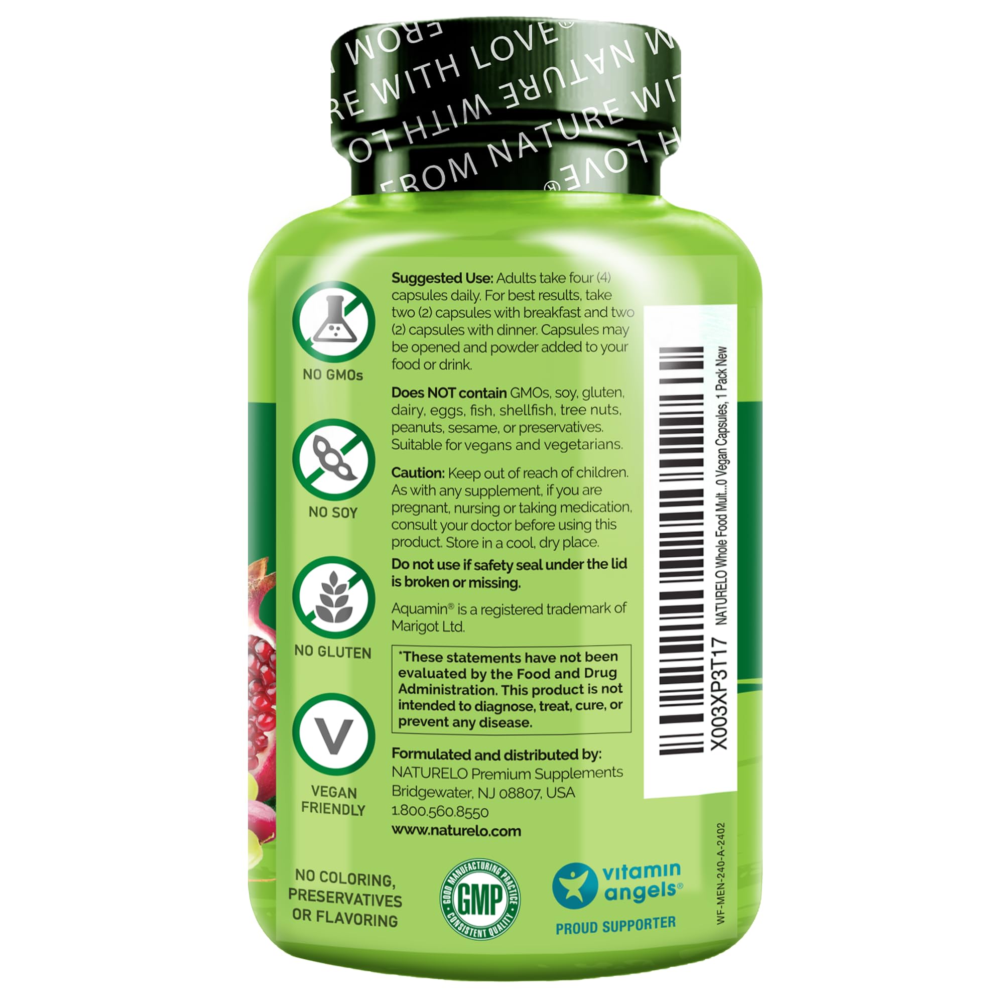 Naturelo ingredientes de alimentos enteros: fórmula vegetal para salud general y absorción.