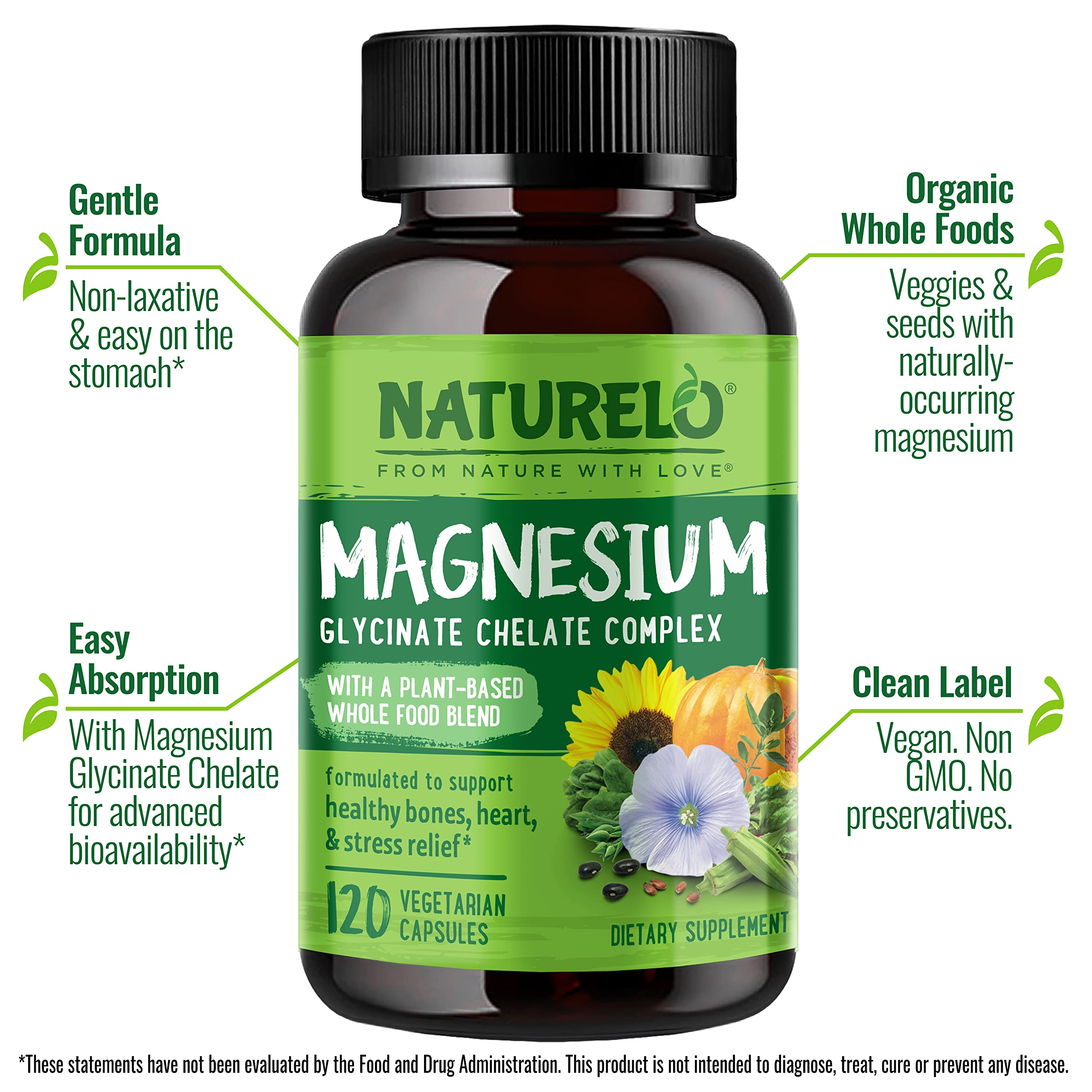 Naturelo magnesio glicinato cápsulas en frasco fáciles de digerir para relajación