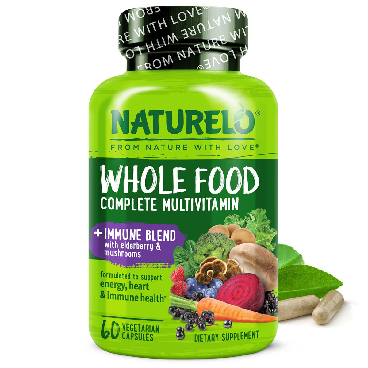 NATURELO multivitamin-botella, apoyo diario para energía y bienestar general.