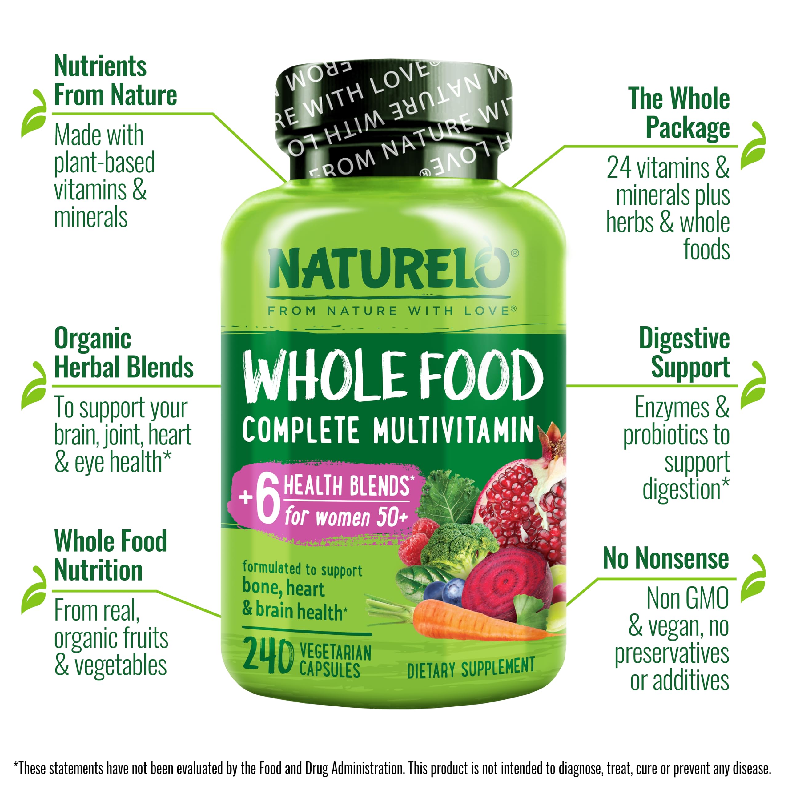 Naturelo multivitaminas para mujeres 50+, cápsulas listas para toma diaria y absorción mejorada.