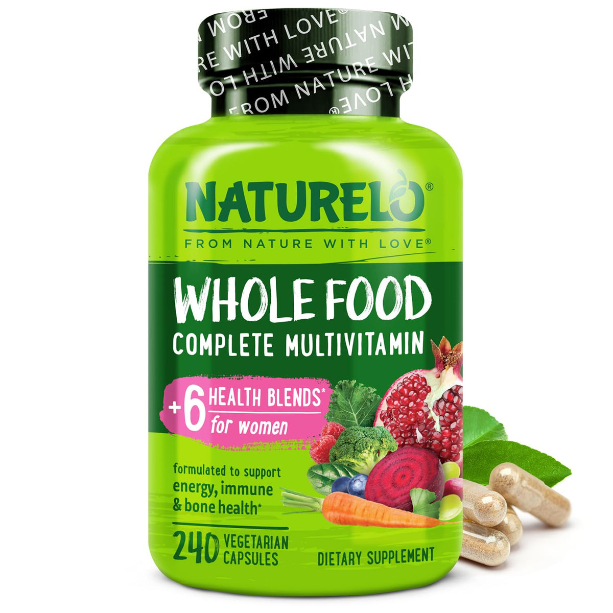 Naturelo multivitaminas para mujeres, frasco, apoyo a la energía diaria.