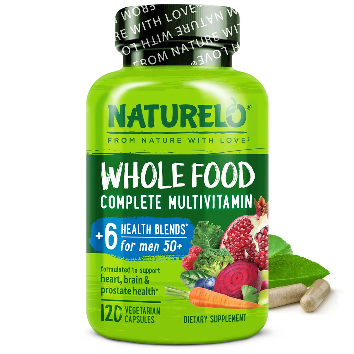 Naturelo multivitamínico para hombres 50+ en envase, apoyo a energía diaria.