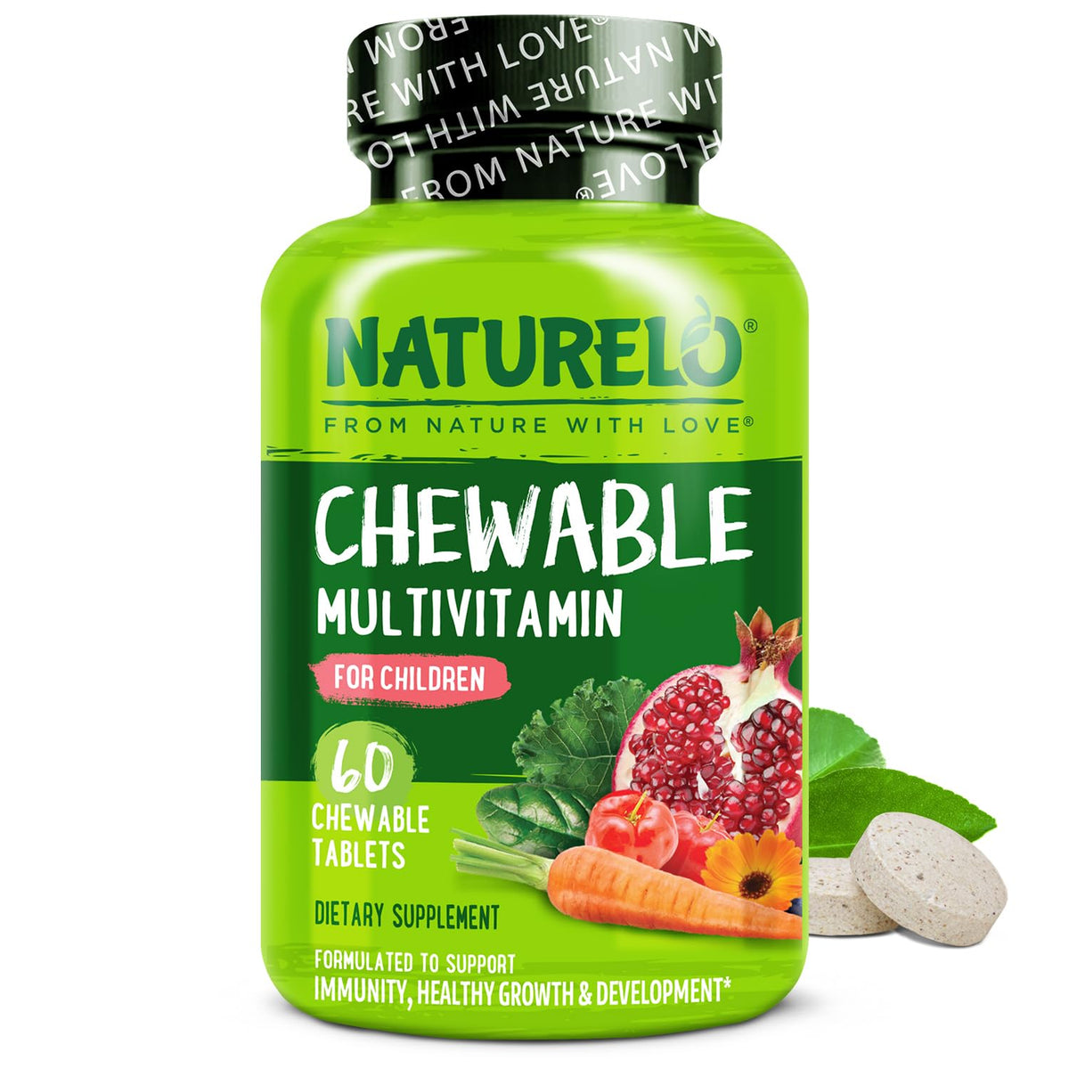 NATURELO multivitamínico masticable para niños, botella con sabor a frutos rojos facilita la toma diaria