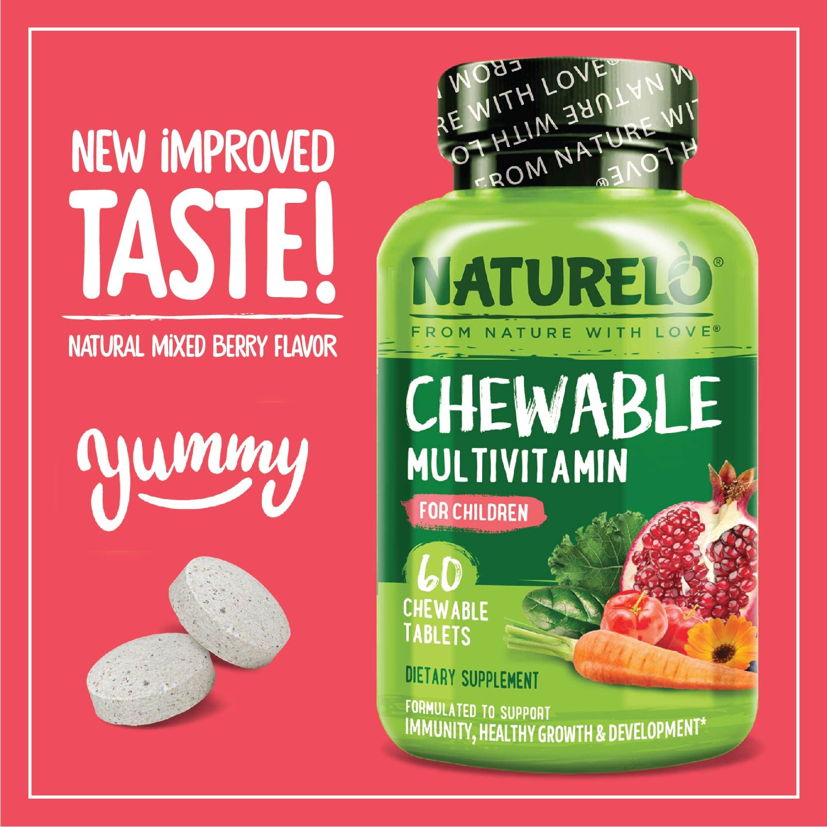 NATURELO tabletas masticables en empaque principal para la rutina diaria de los niños