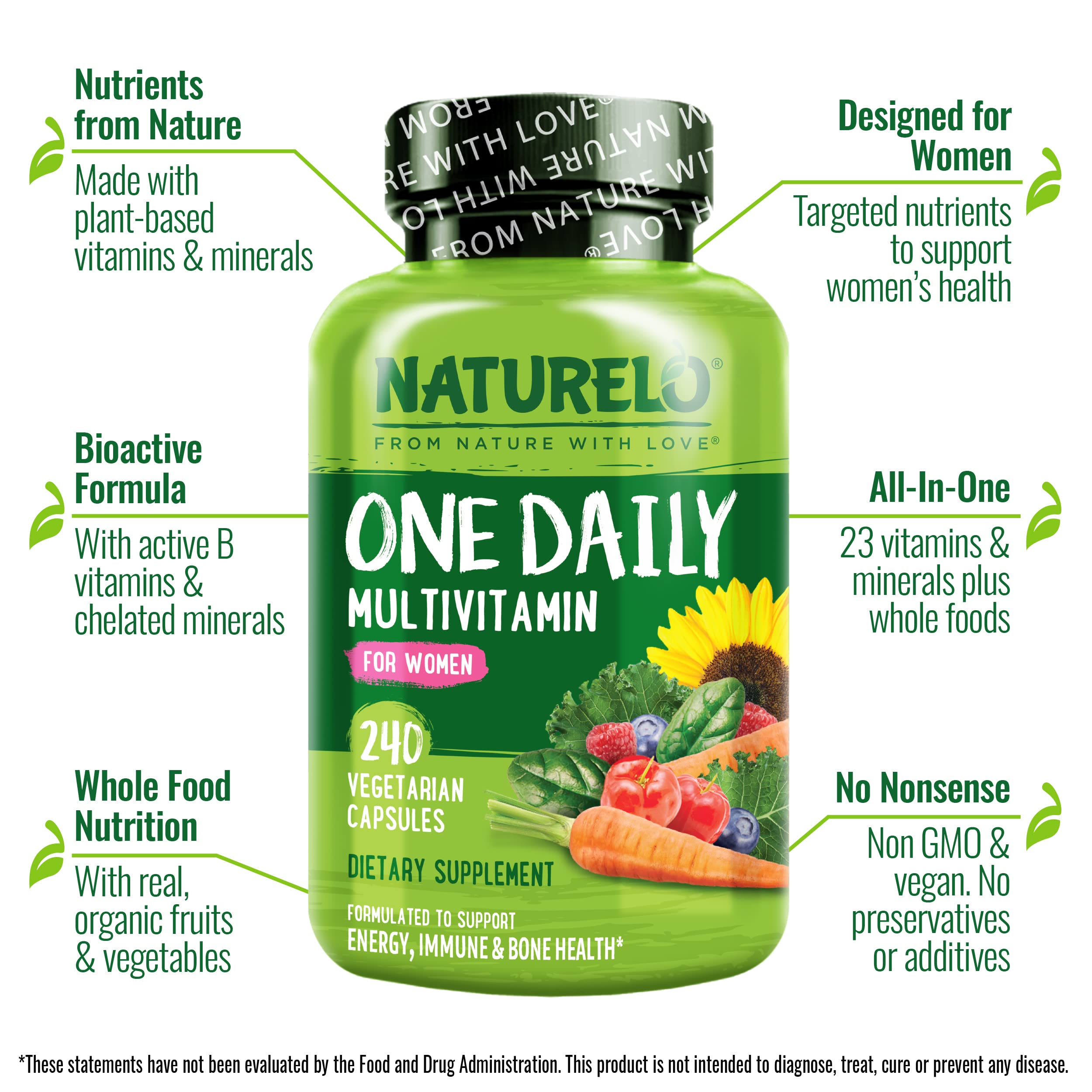 Naturelo One Daily Multivitamin para mujeres, B6 activa y folato metilado para absorción