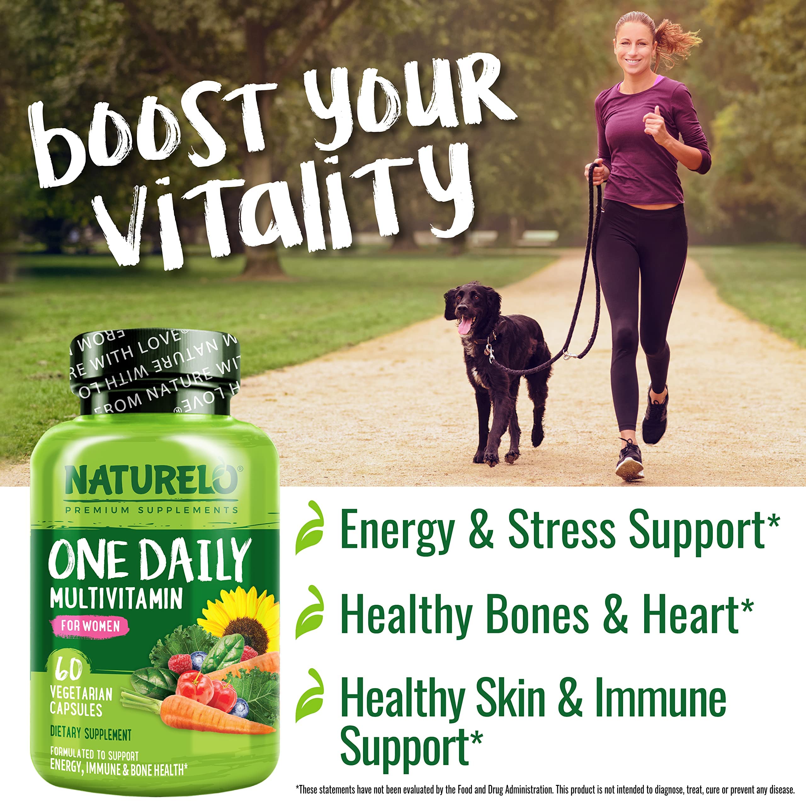 NATURELO One Daily Multivitamin para mujeres, imagen de producto para energía sostenida.