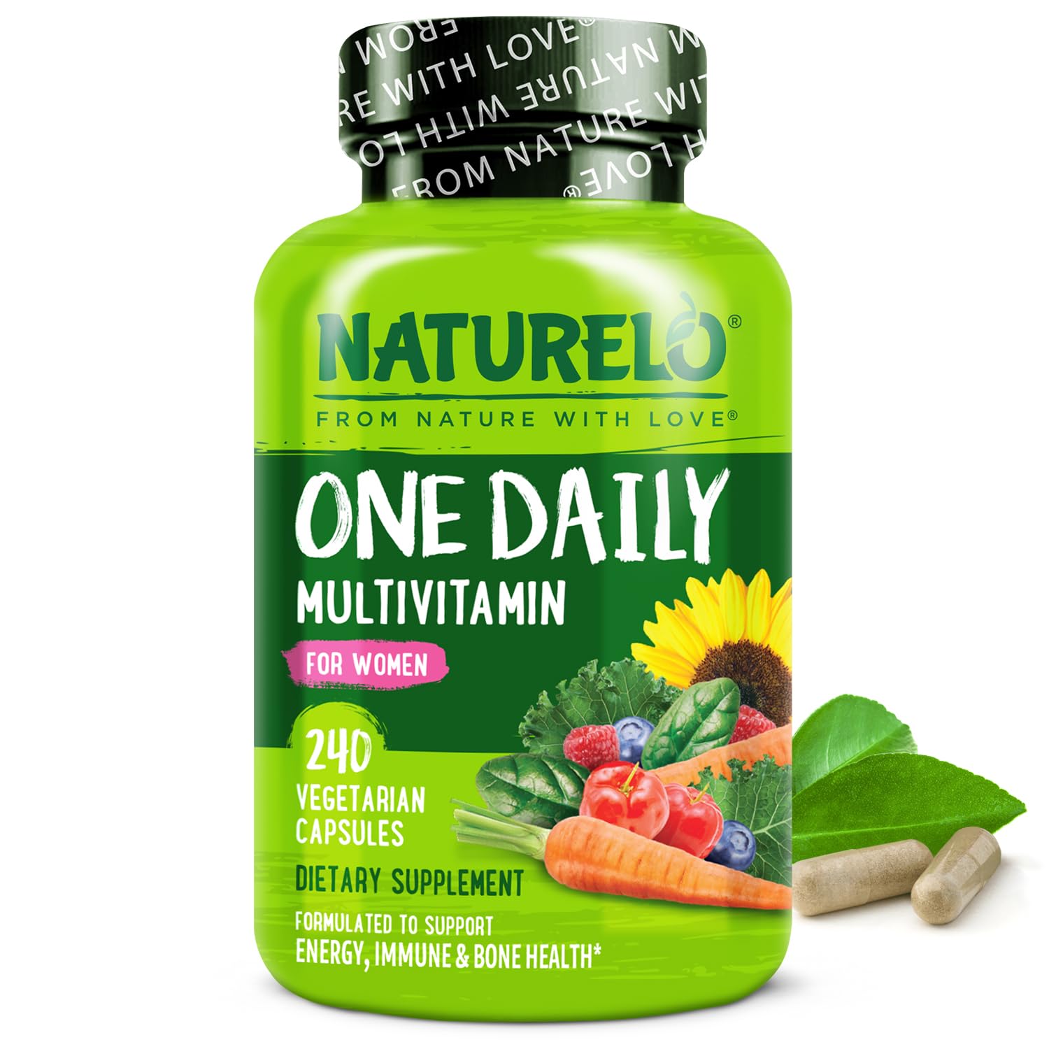 Naturelo One Daily Multivitamin para mujeres, envase, apoyo diario de energía y nutrición