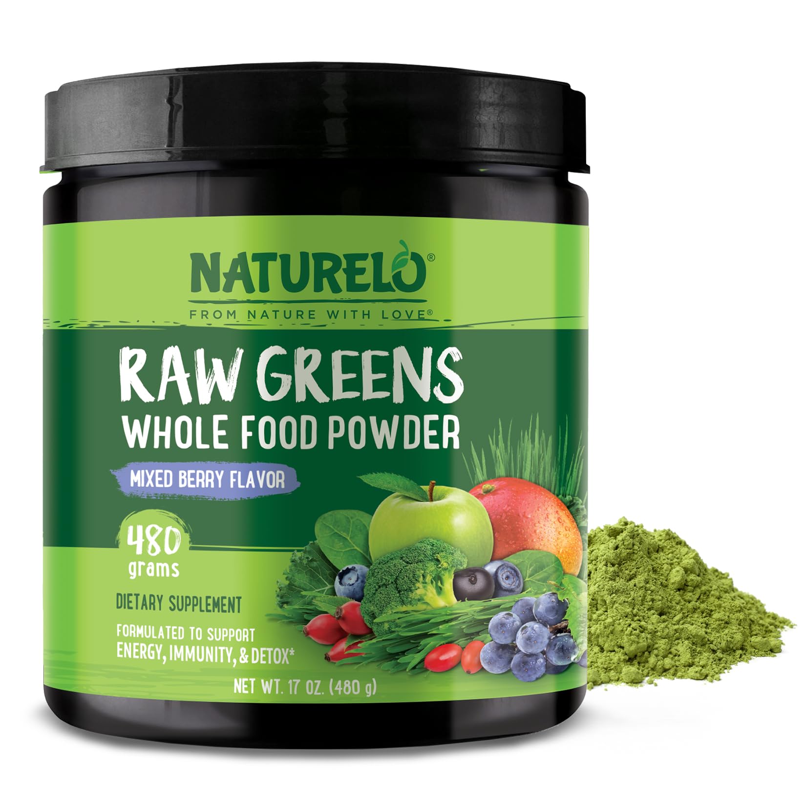 NATURELO polvo verdes crudos en contenedor, energía diaria potencial