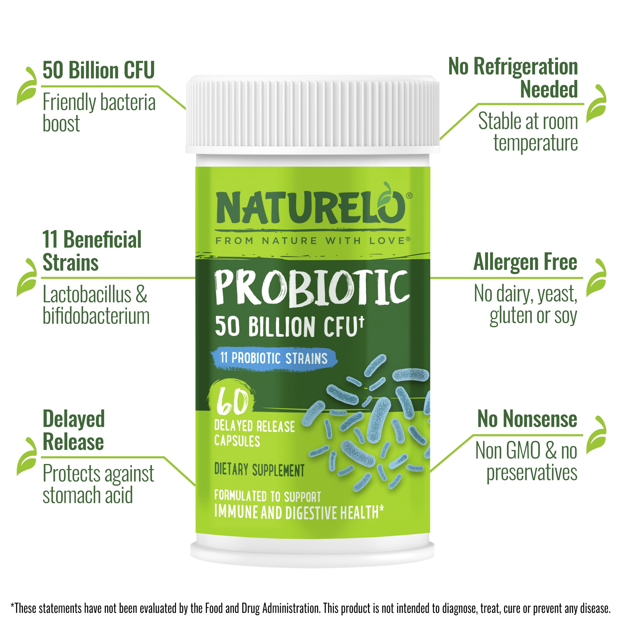 Naturelo probióticos 50 mil millones CFU en cápsulas para bienestar intestinal.