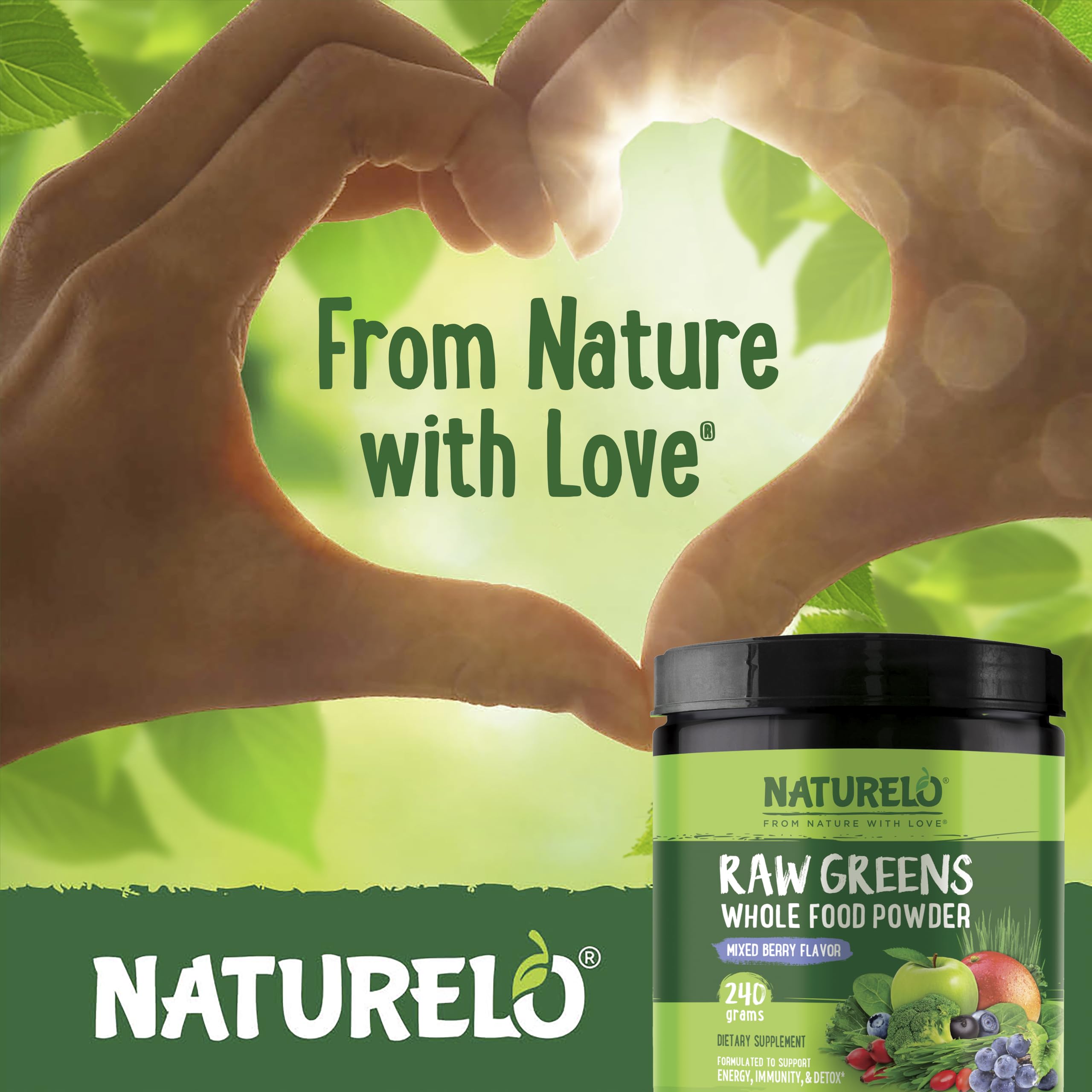 NATURELO Raw Greens en cucharita medidora, fácil de preparar en cualquier lugar
