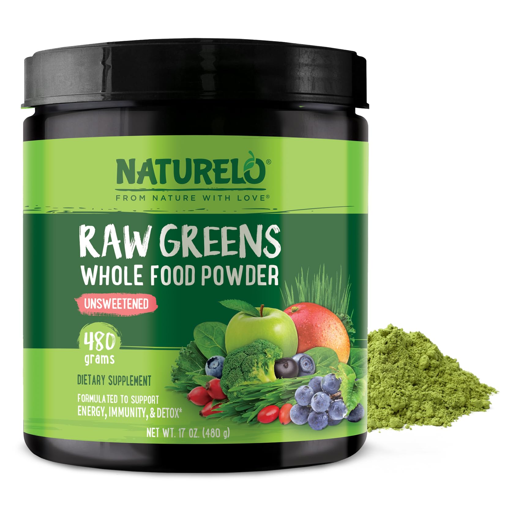 Naturelo polv o de verdes crudos con espirulina para energía diaria.