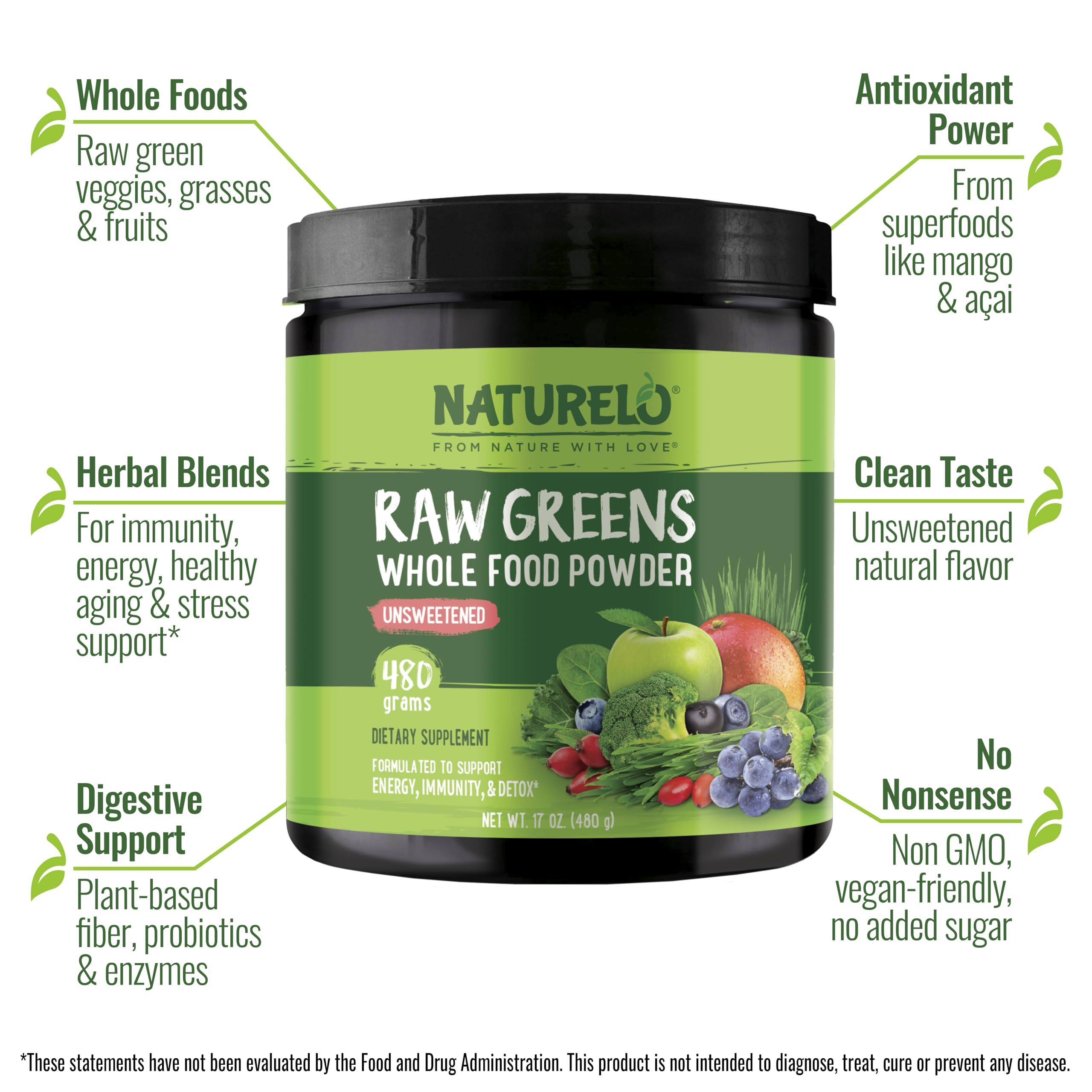 Naturelo polvo verde con hierba de trigo, apoyo digestivo natural.