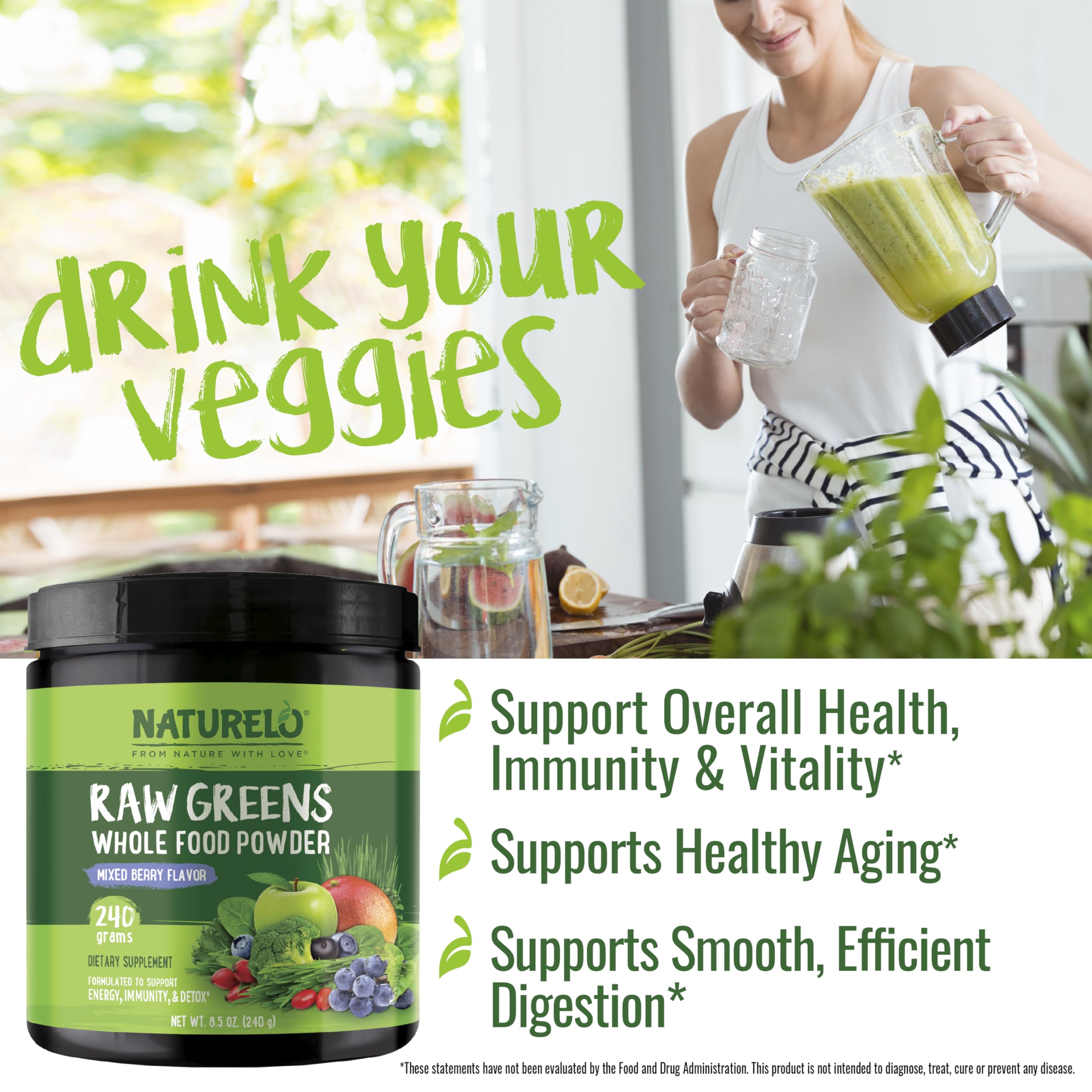 NATURELO Raw Greens con spirulina, fuente de antioxidantes para el día