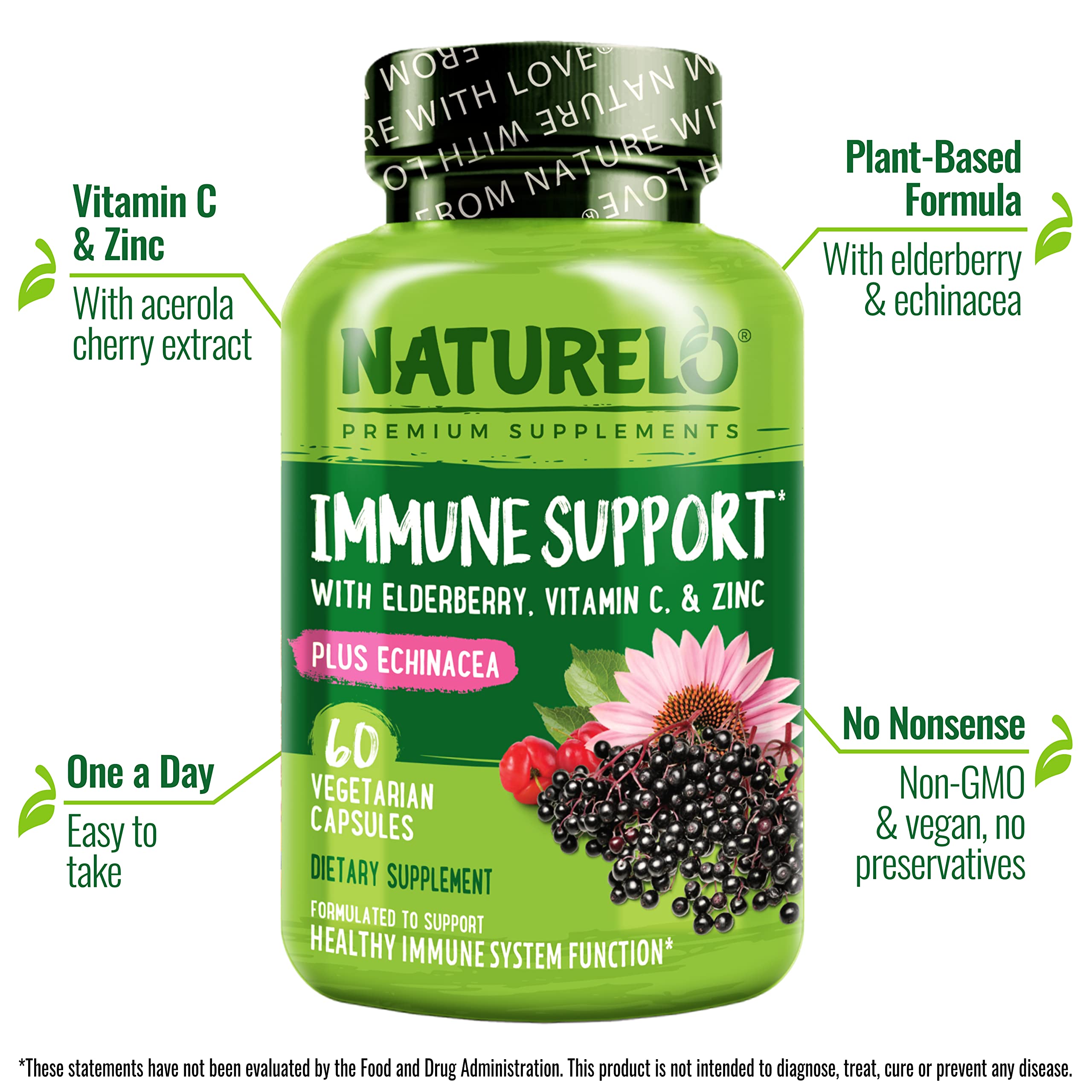 NATURELO Immune Support, etiqueta, muestra los componentes clave de la fórmula.