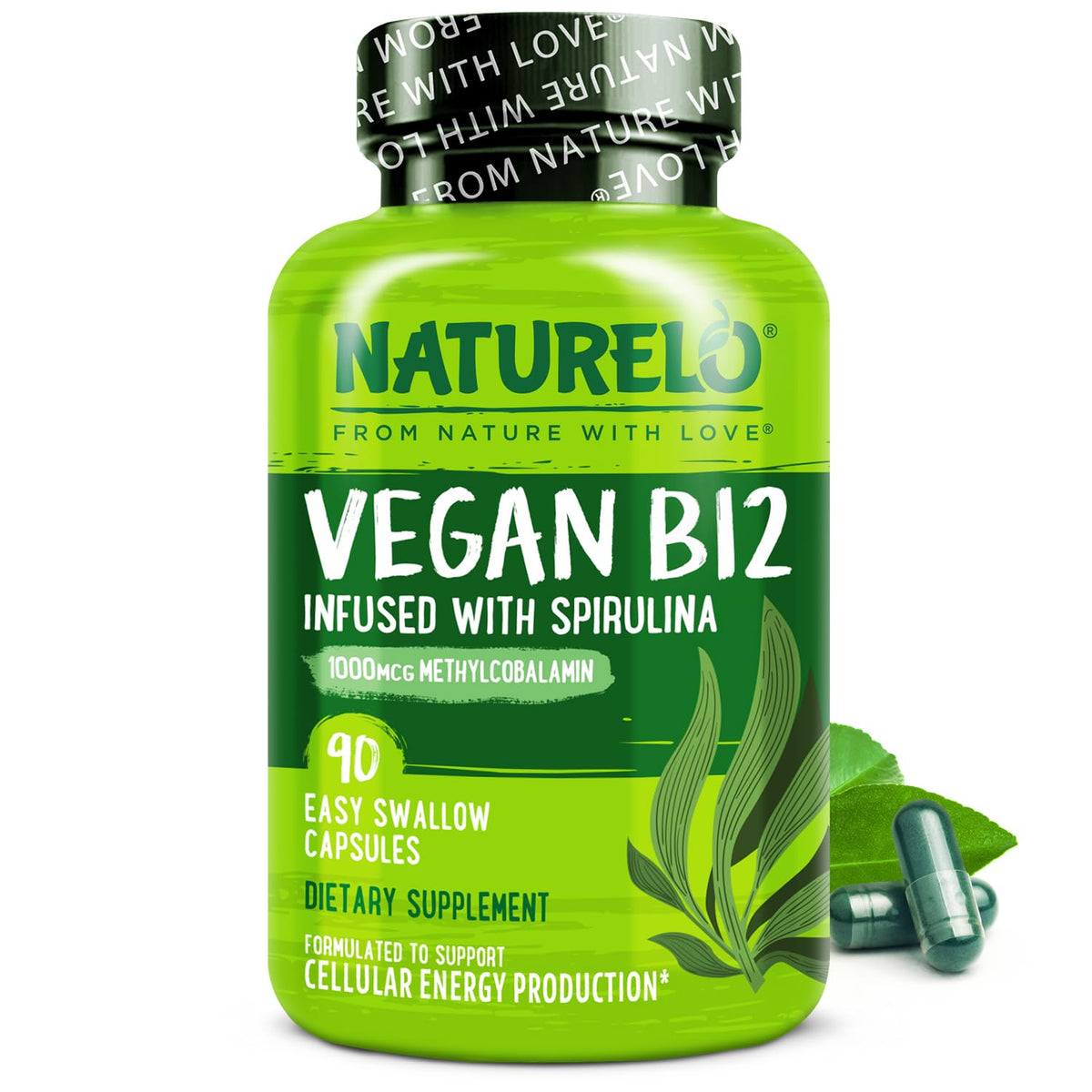 NATURELO B12 vegano, botella con dosis 1000 mcg para energía sostenida.