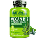 NATURELO B12 vegano, botella con dosis 1000 mcg para energía sostenida.