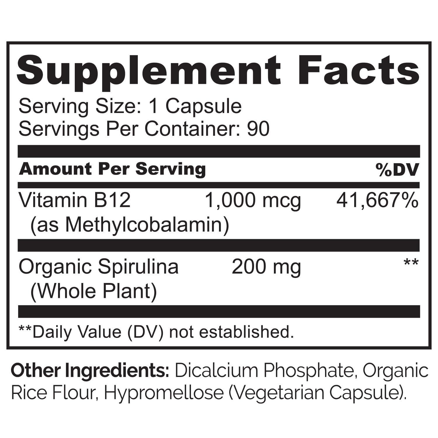 NATURELO B12 con espirulina: etiqueta que resalta fuente vegetal.