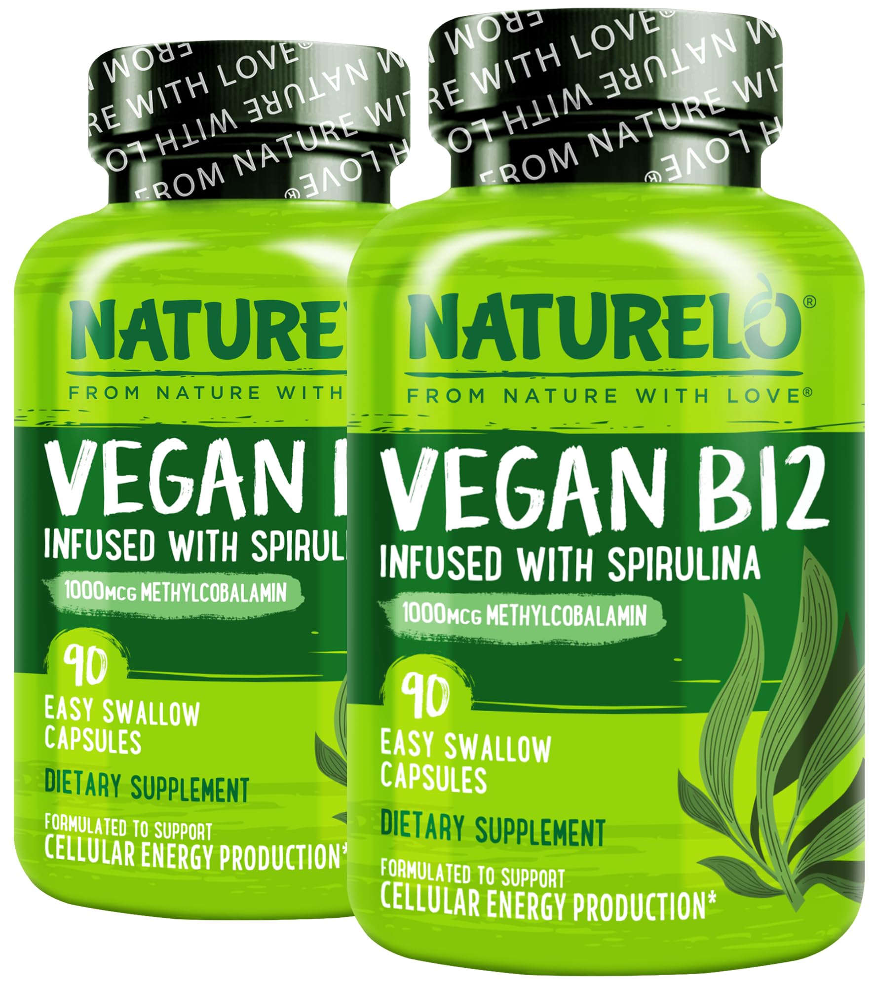 NATURELO B12 metilcobalamina en botella con espirulina para energía diaria.