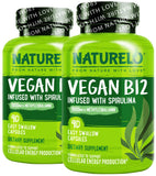 NATURELO B12 metilcobalamina en botella con espirulina para energía diaria.