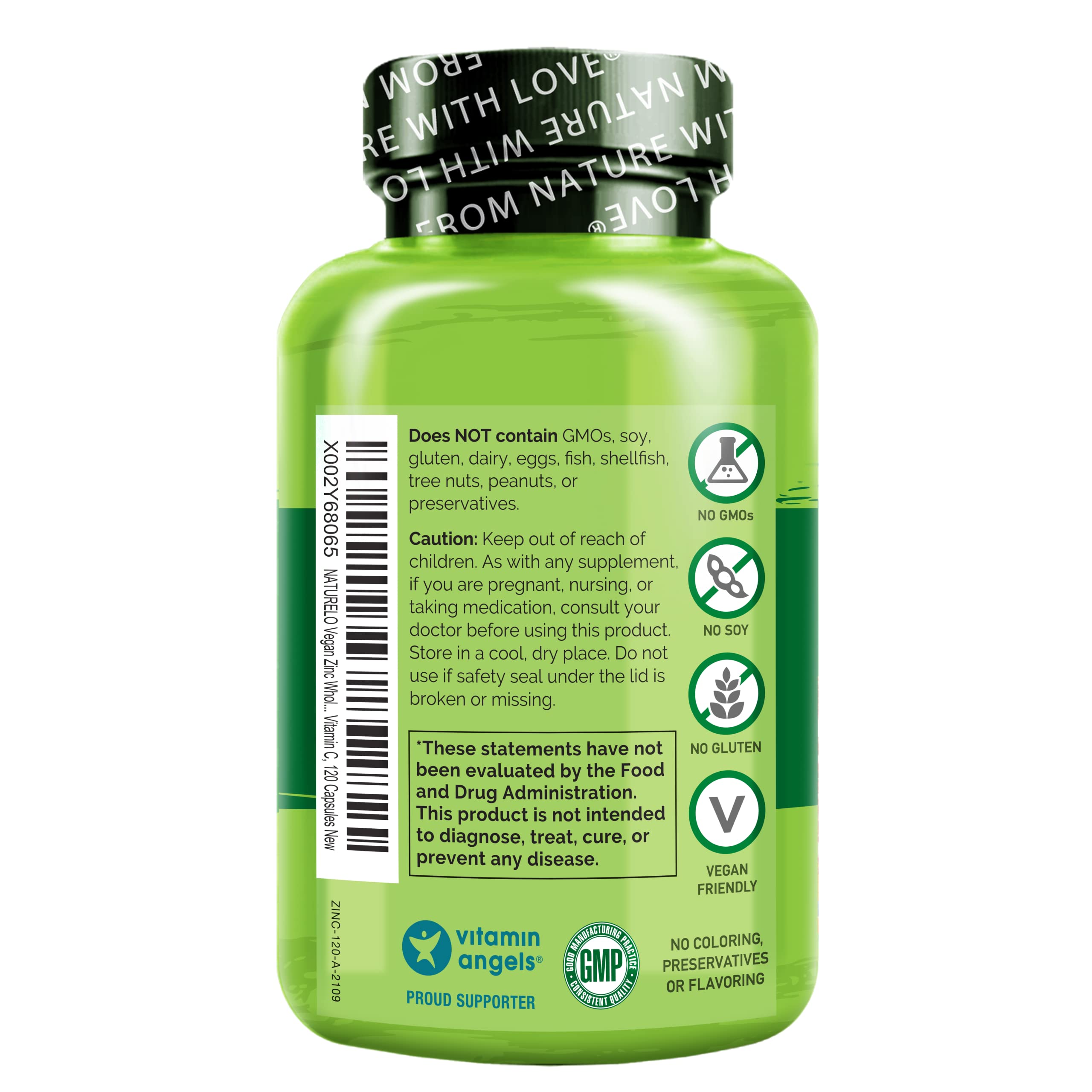 NATURELO Zinc Vegano, etiqueta-vegan-sin-gluten: opción limpia para estilos de vida conscientes.