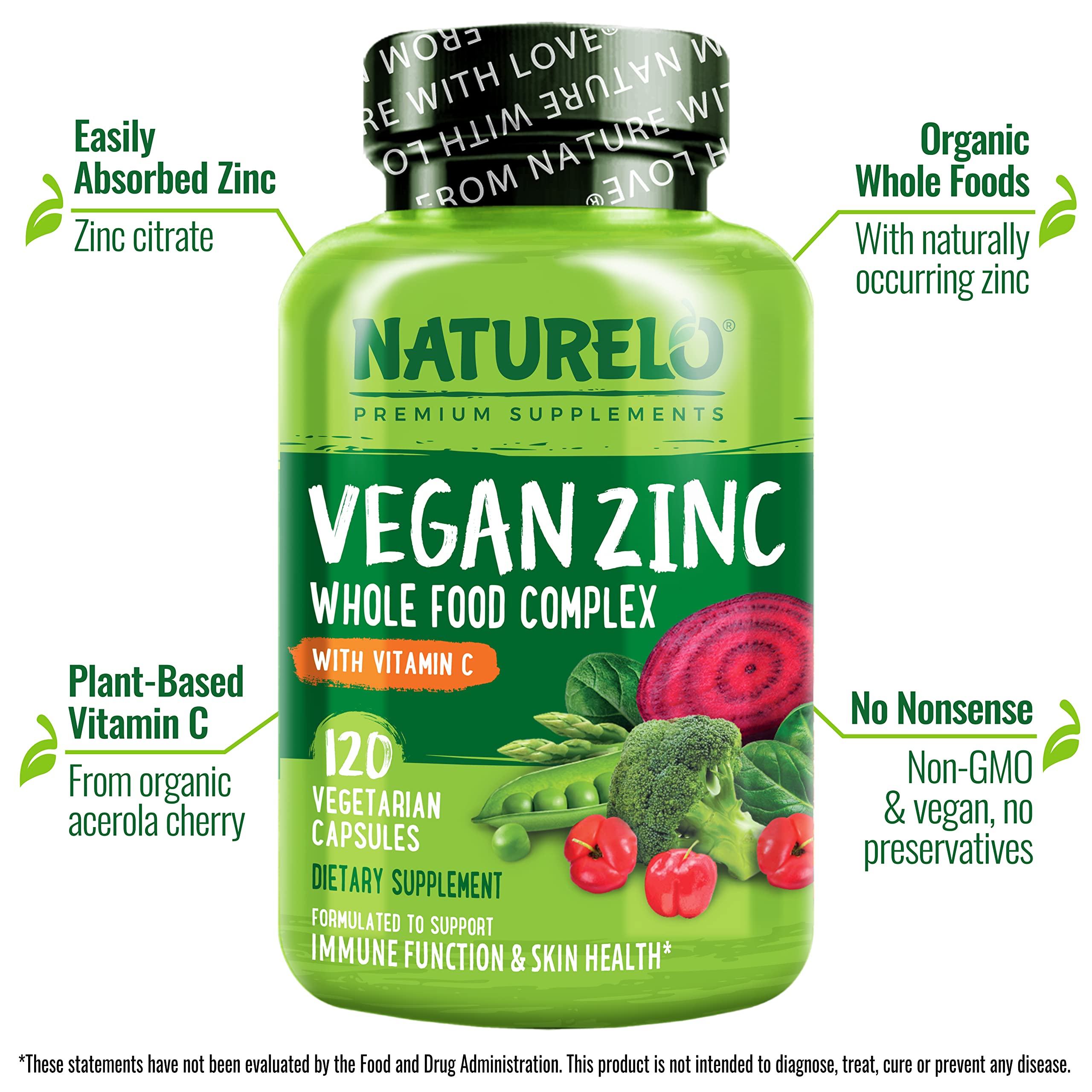 NATURELO Zinc Vegano, frasco-dorso: etiqueta clara con ingredientes vegetales y origen natural.