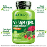 NATURELO Zinc Vegano, frasco-dorso: etiqueta clara con ingredientes vegetales y origen natural.