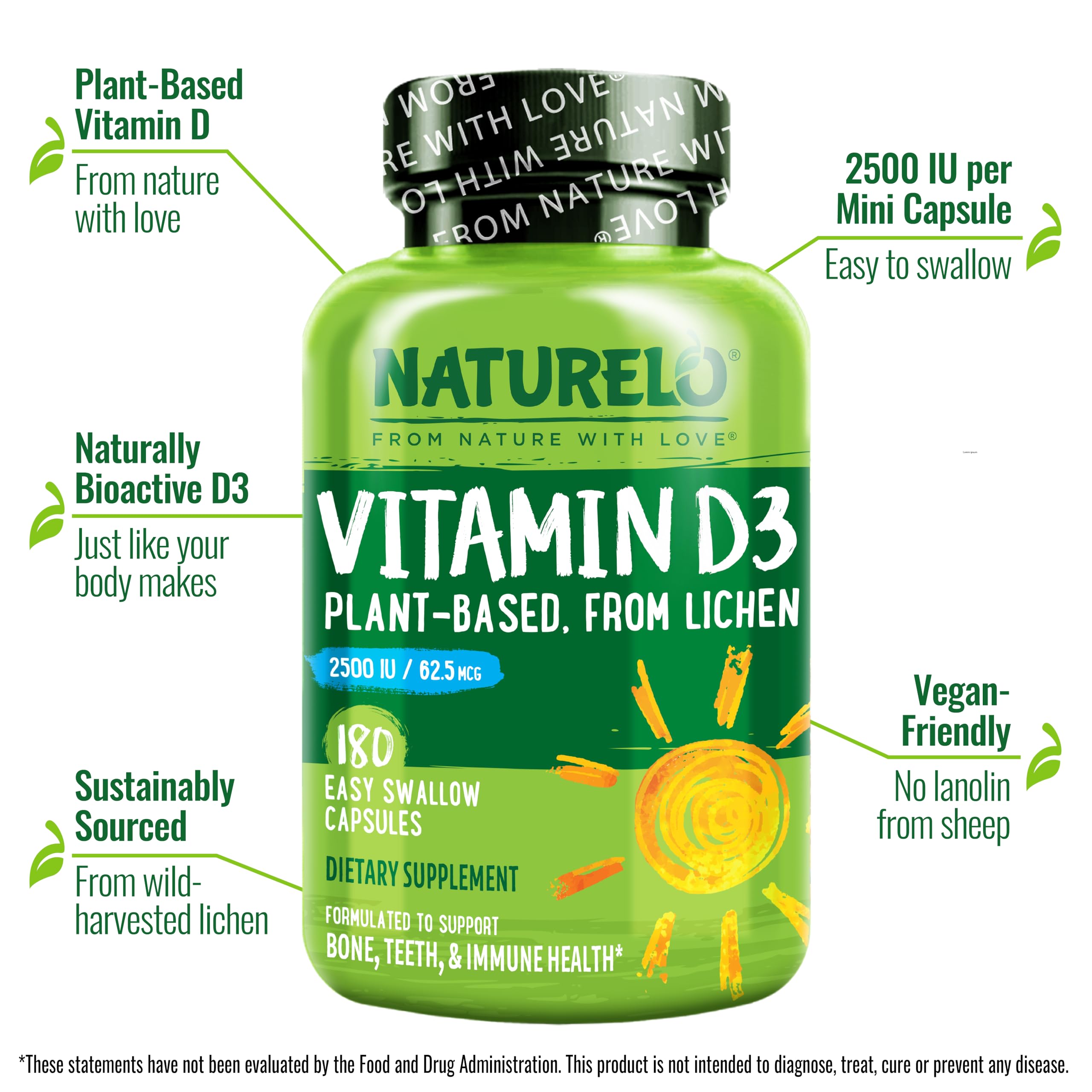 Frasco de Naturelo Vitamina D con etiqueta, opción vegana para apoyo general