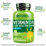 Frasco de Naturelo Vitamina D con etiqueta, opción vegana para apoyo general