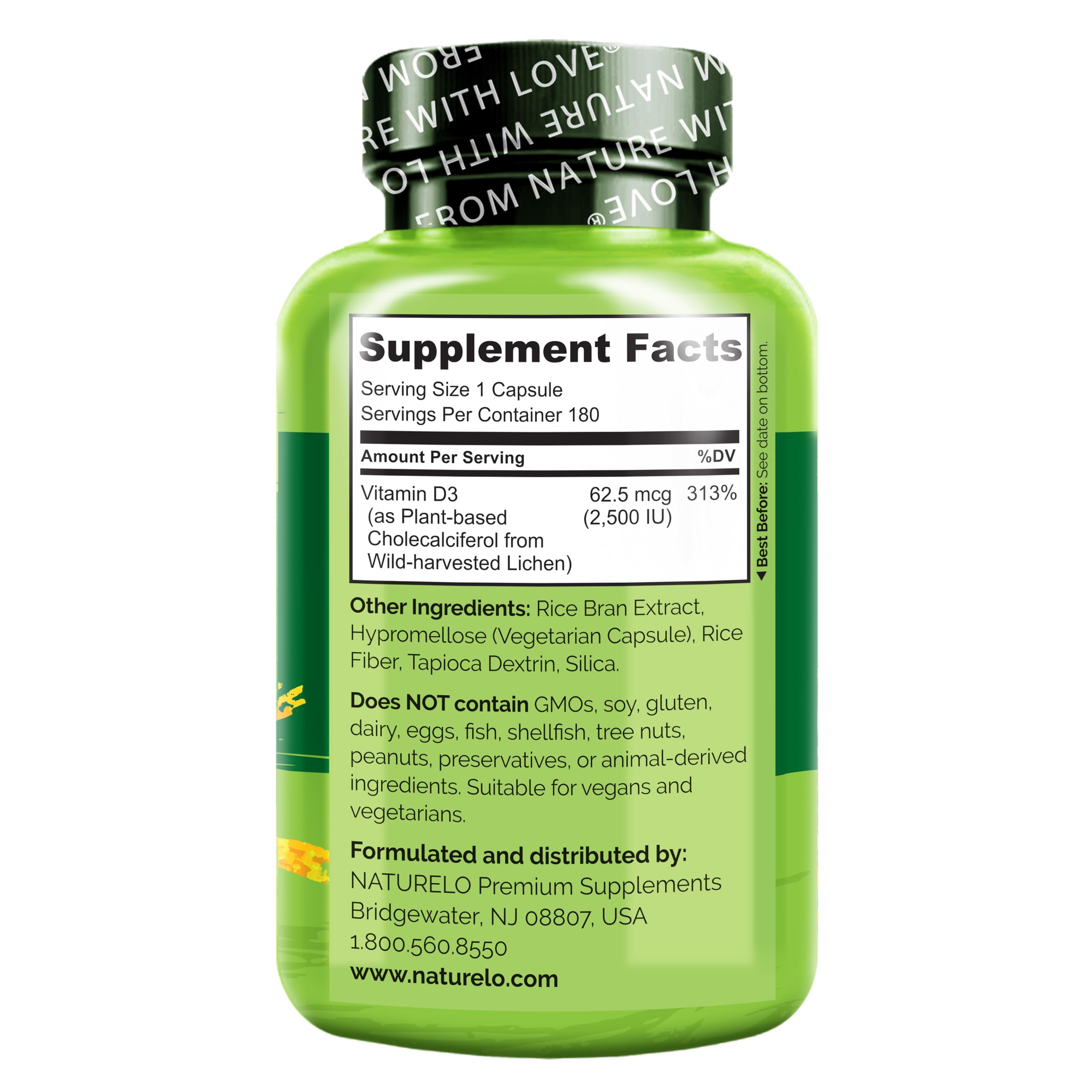 Etiqueta Naturelo Vitamina D libre de gluten y sin transgenicos