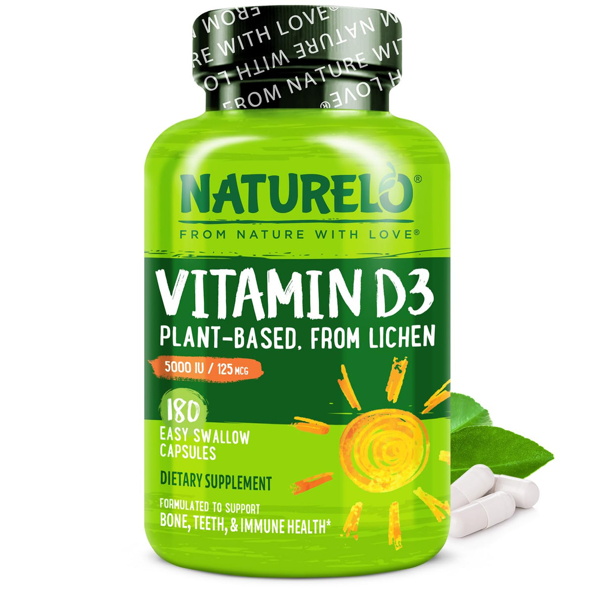 Naturelo Vitamina D 5000 IU cápsulas basadas en plantas para apoyo al sistema inmunológico