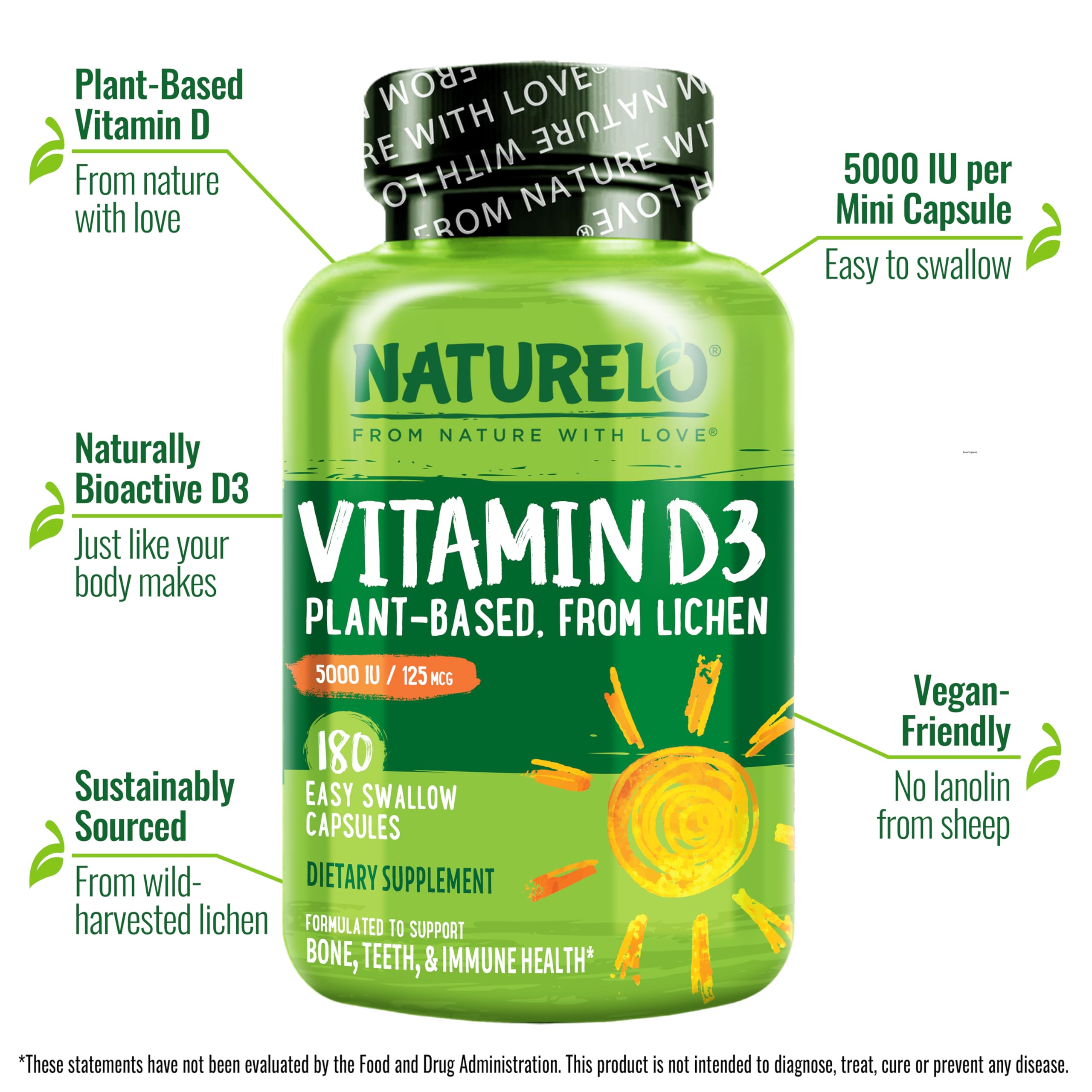 Naturelo Vitamina D 5000 IU etiqueta clara que resalta origen vegano y pureza