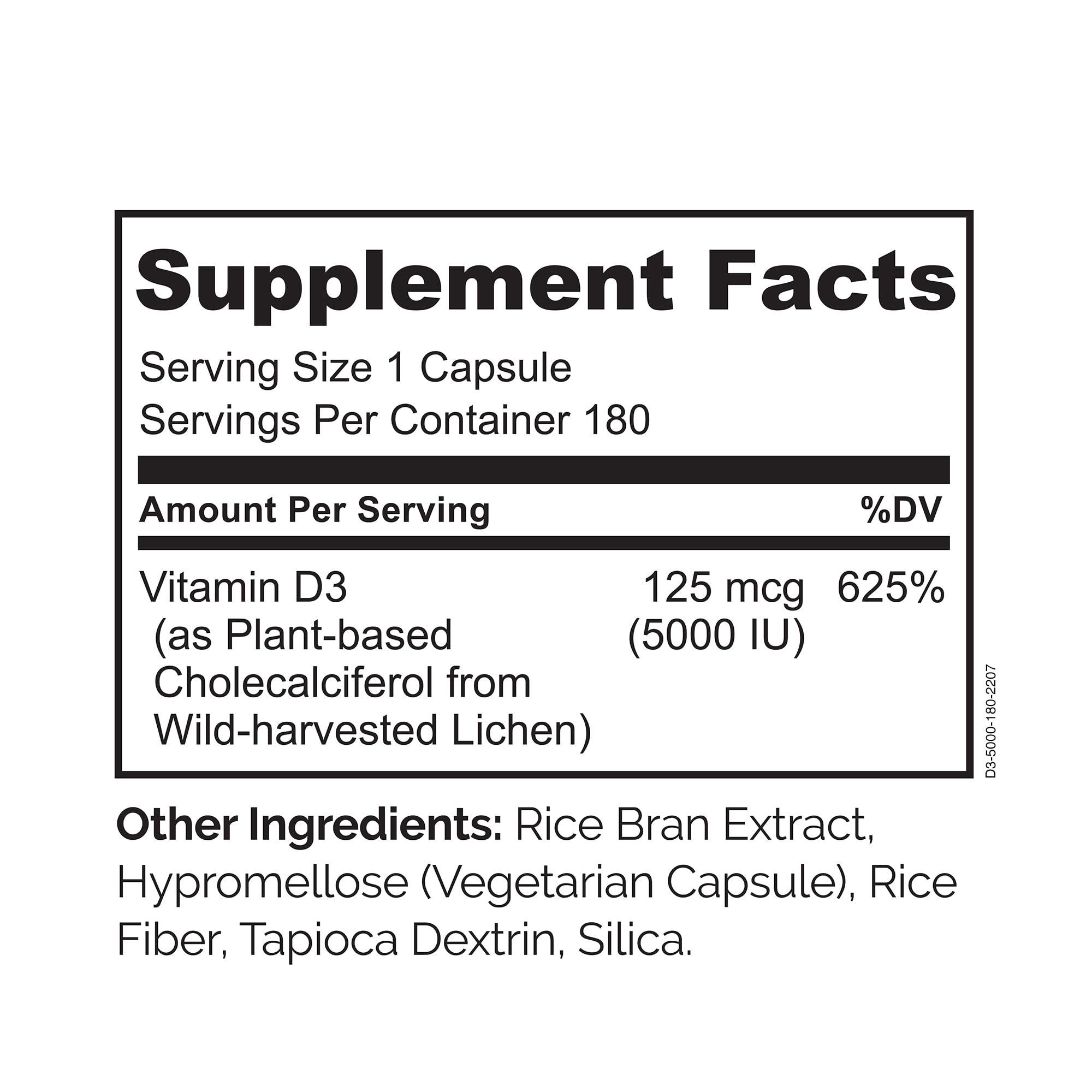 Naturelo Vitamina D 5000 IU frasco de vidrio con 180 cápsulas para uso diario