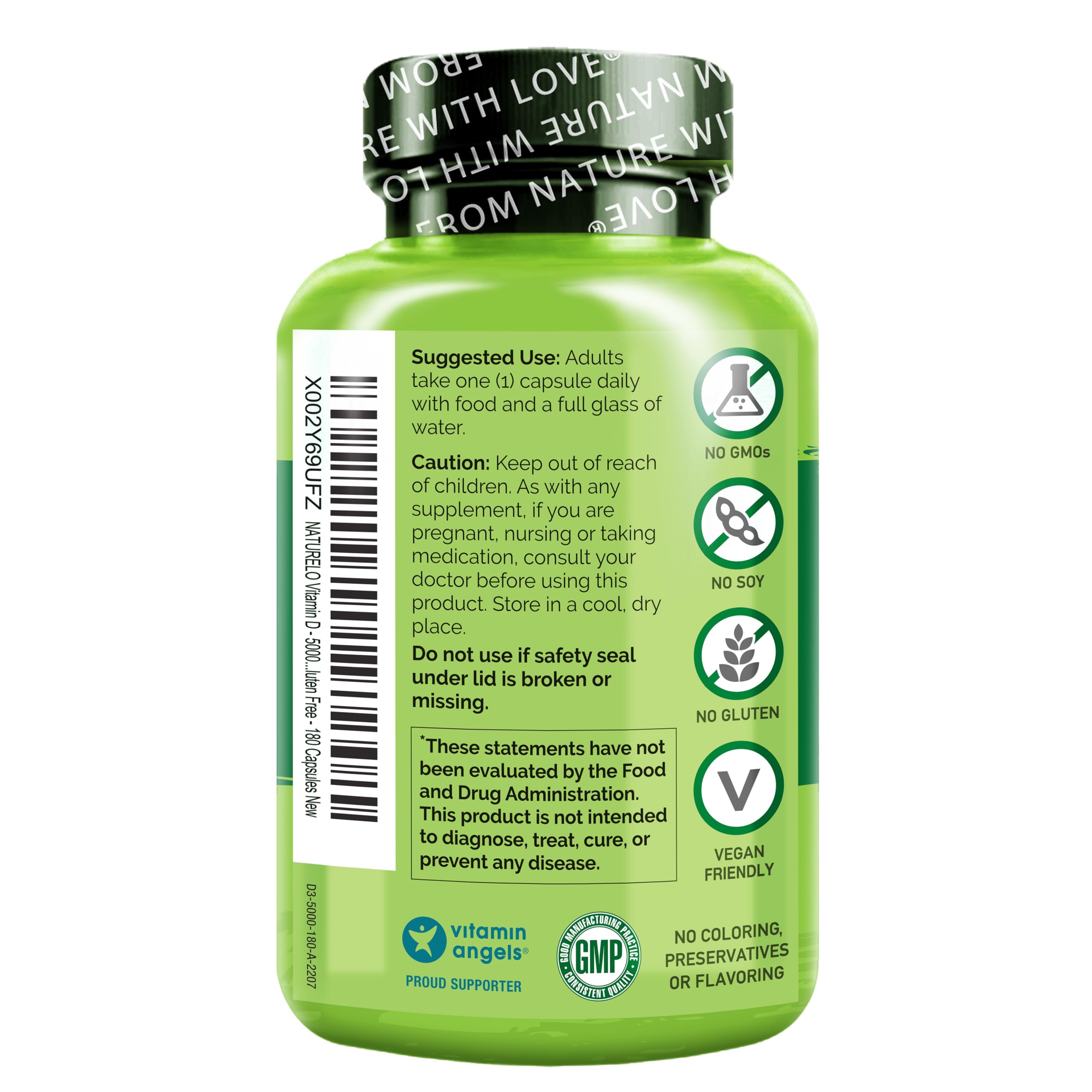 Naturelo Vitamina D 5000 IU libre de gluten, apta para diversas dietas