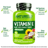 Naturelo Vitamina E: cápsulas dentro de la botella, enfoque en la formulación vegana.