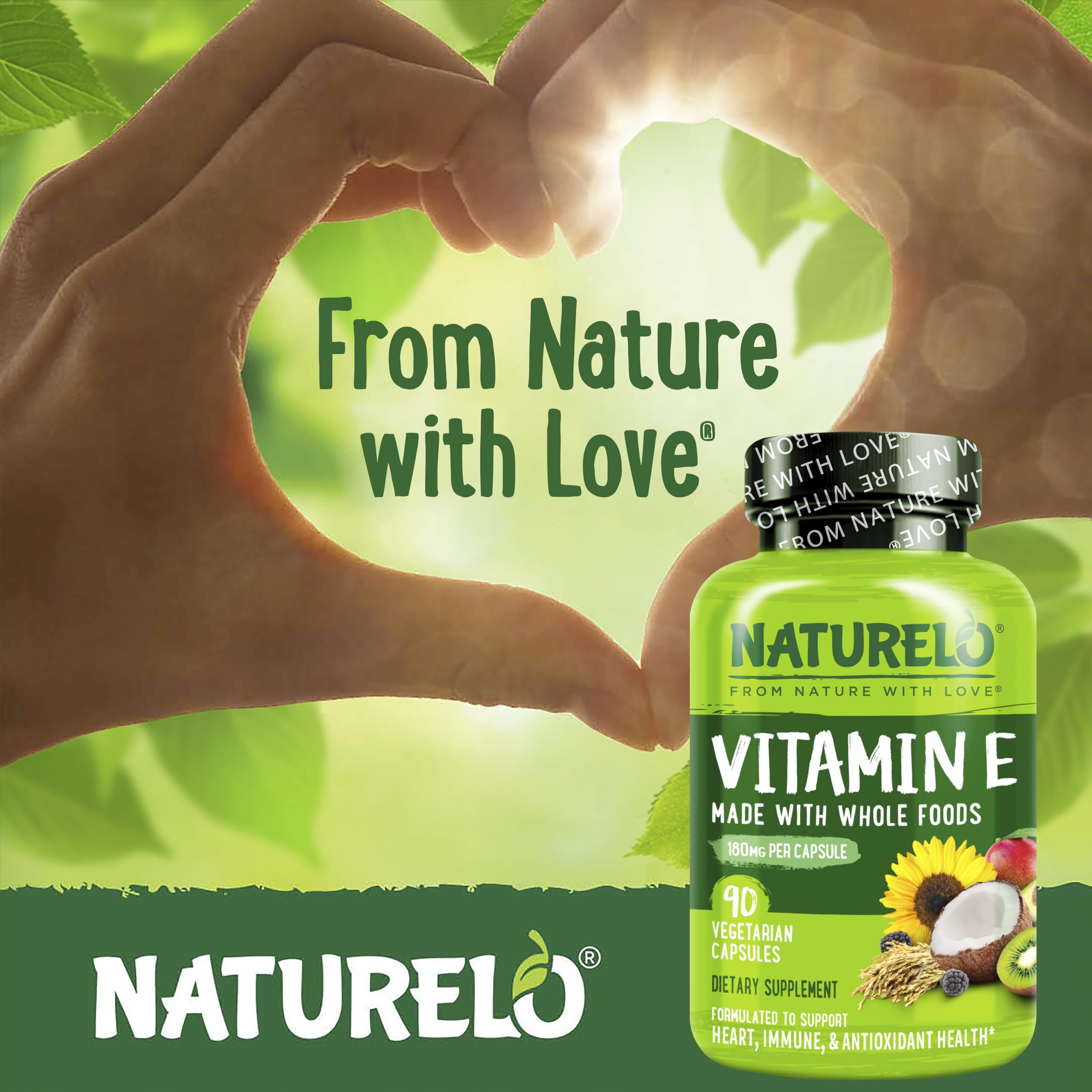Naturelo Vitamina E: cápsulas frente al frasco, textura natural y presentación.