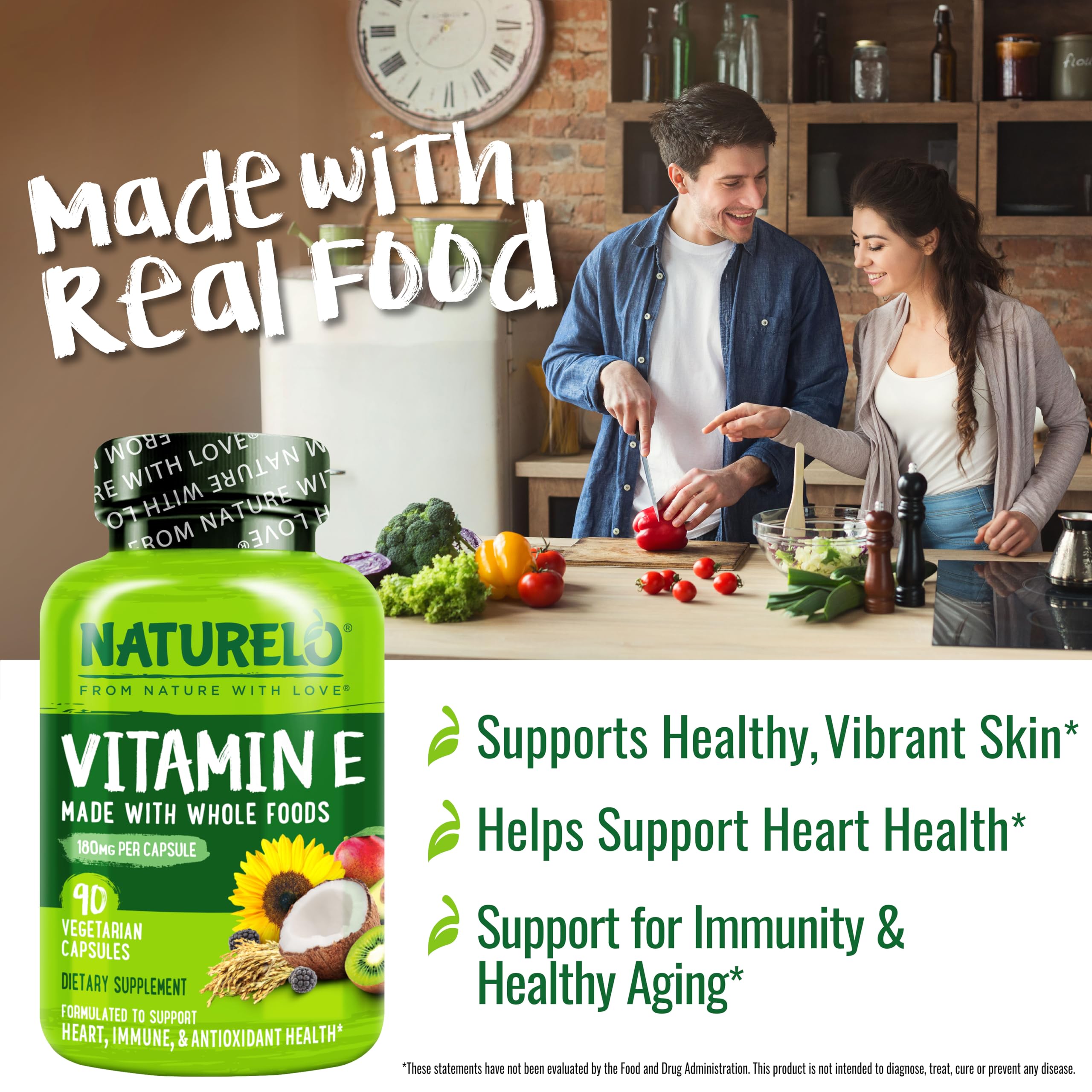 Naturelo Vitamina E: cápsulas junto a ingredientes vegetales, refuerzo antioxidante.