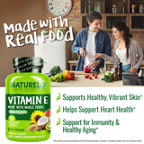 Naturelo Vitamina E: cápsulas junto a ingredientes vegetales, refuerzo antioxidante.